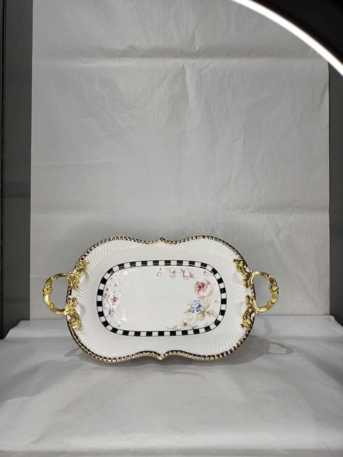 Canba Oval Damalı Pembe Güllü Servis 37x21x12 cm