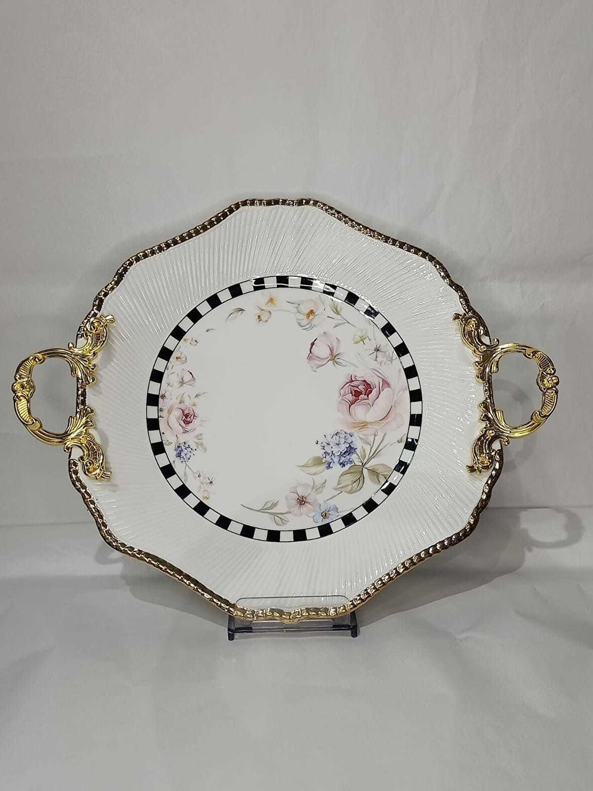 Canba Altıgen Damalı Pembe Güllü Servis 41x36x14 cm