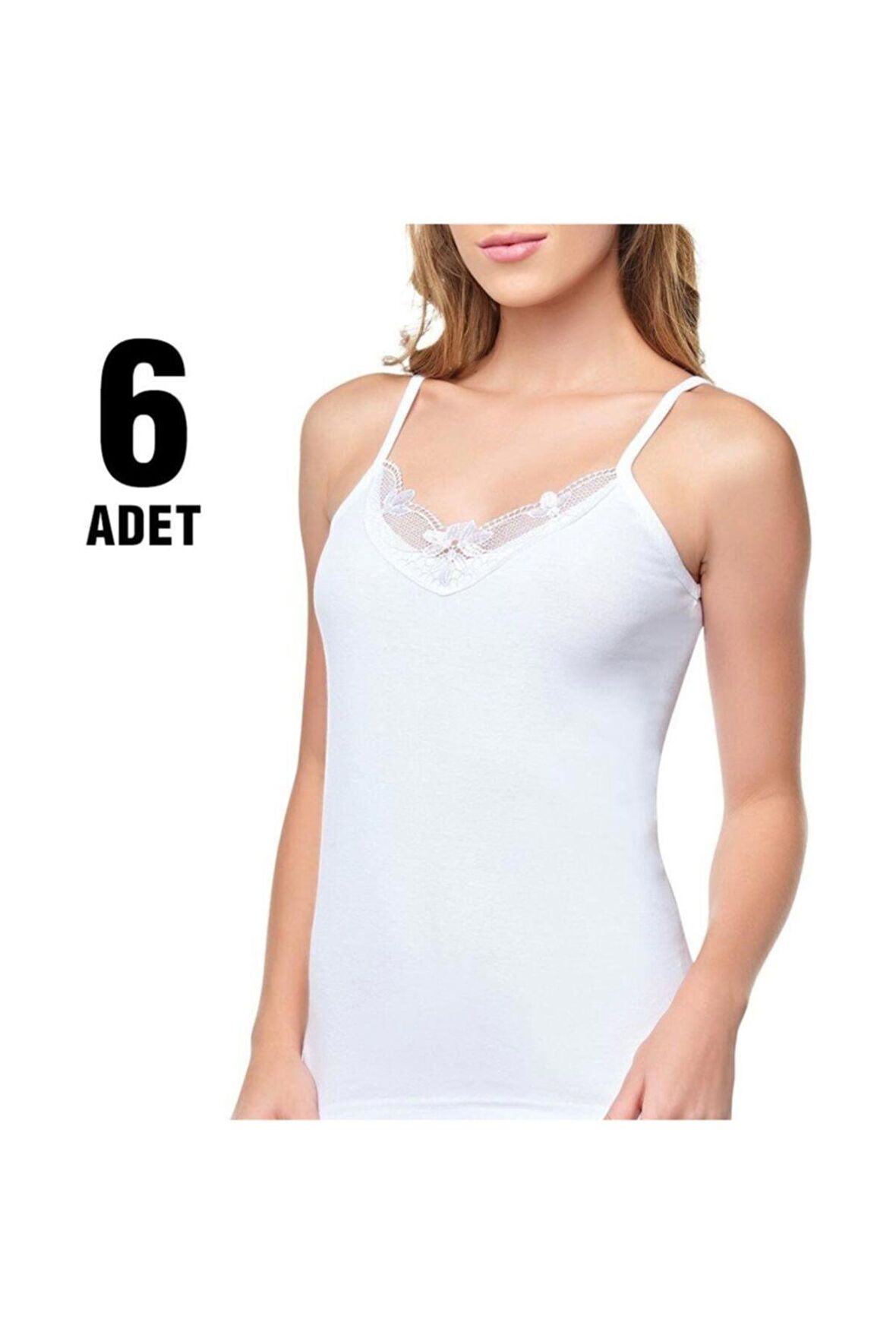 Kadın Beyaz Ribana  Ip Askılı Güpürlü Atlet 6'lı