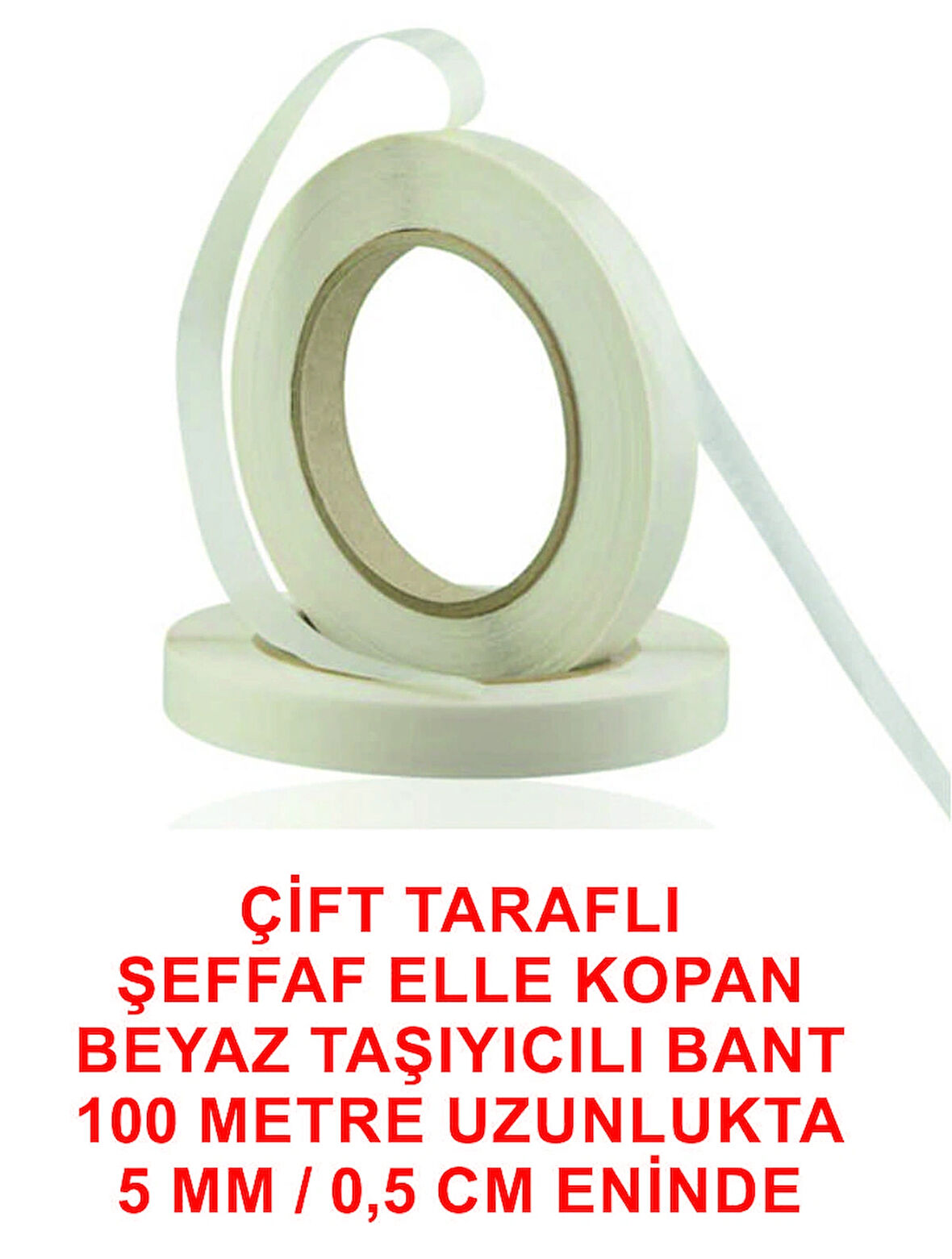 Çift Taraflı Bant Beyaz Şeffaf Bent 100 m. uzunlukta (5 mm-0,5 cm) eninde