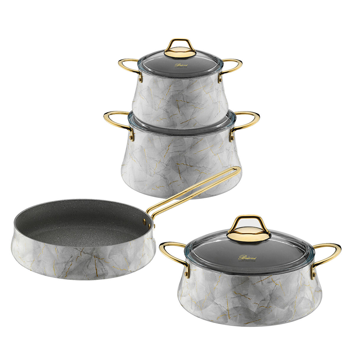 Marble 7 Parça Yanmaz Yapışmaz Beyaz Mermer Tencere Seti