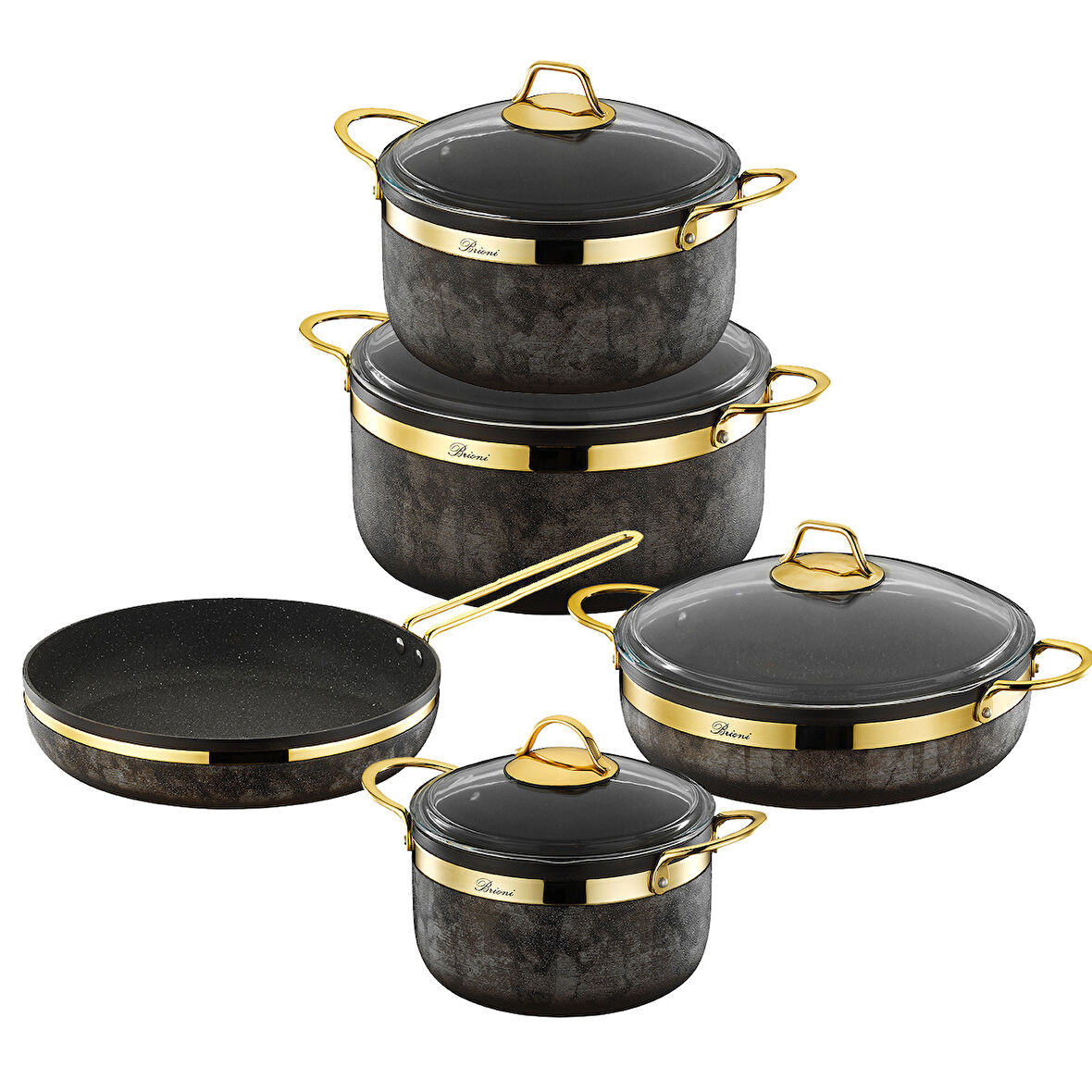 Royal Stone 9 Parça Yanmaz Yapışmaz Taş Dokulu  Kumtaşı Altın Tencere Seti