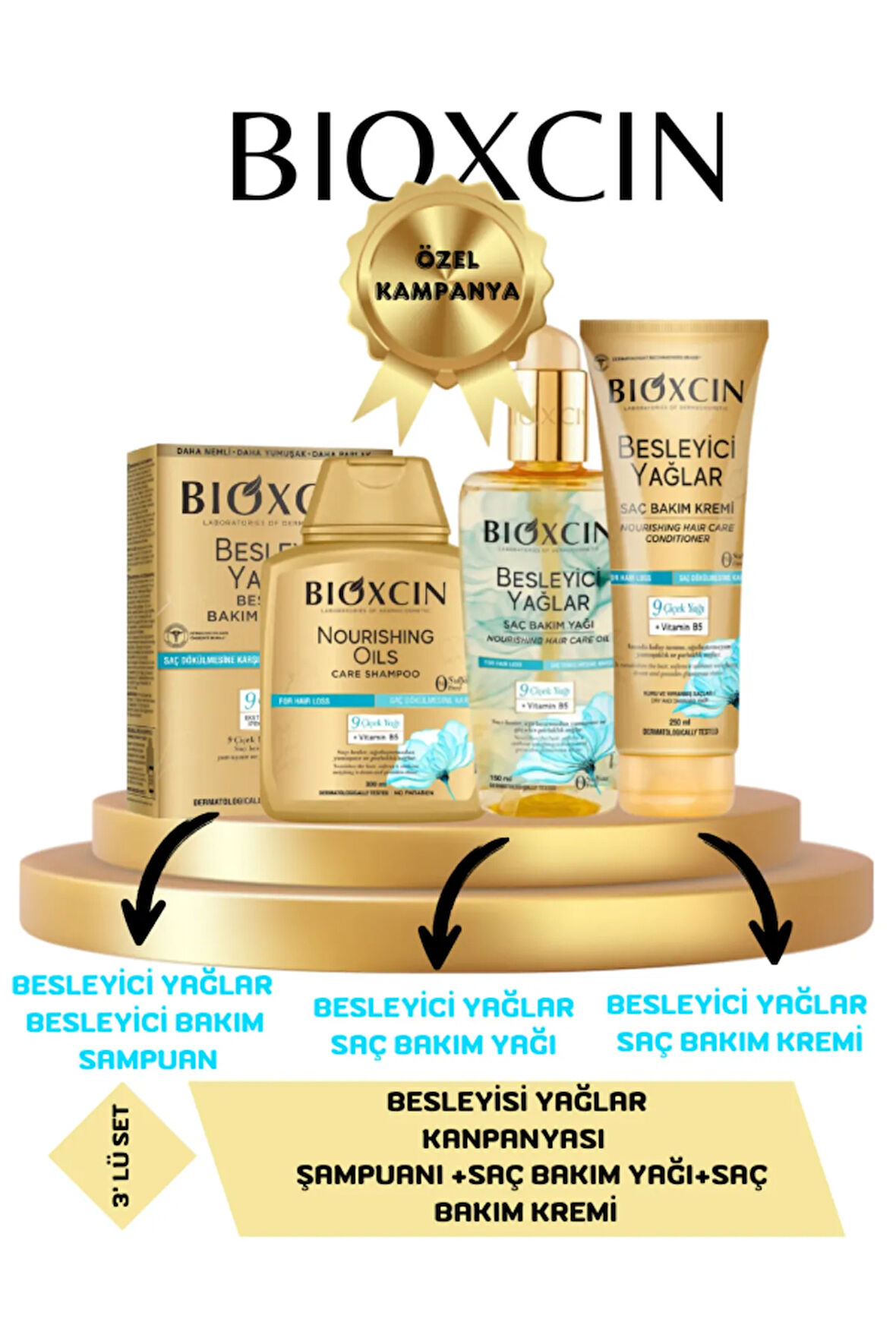 Besleyici Yağlar Bakım Seti Saç Bakım Yağı 150ml Bakım Şampuanı 300ml Bakım Saç Kremi250 ml