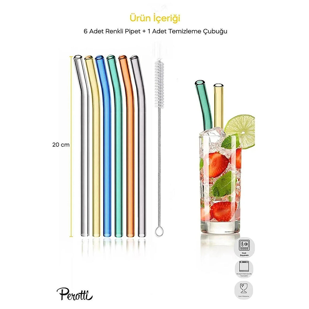 Perotti Straw 6'lı Renkli Cam Eğimli Isıya Dayanıklı (Borosilikat) Pipet Ve 1 Adet Pipet Temizleme Fırçası