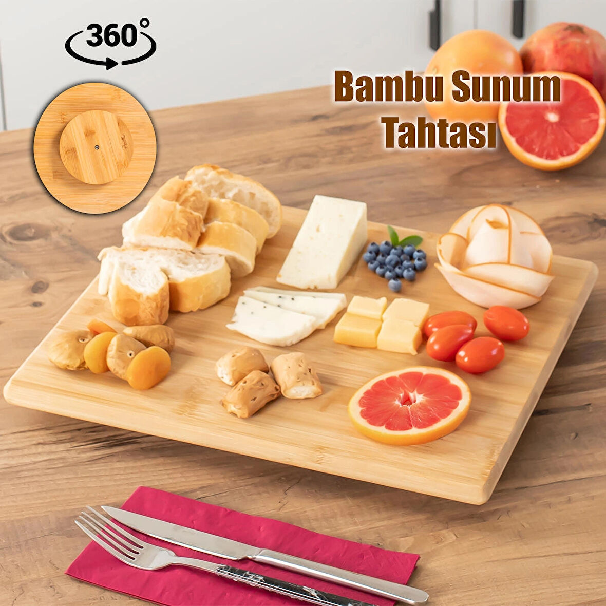 Porsima Bambu Peynir Pizza Tahtası Sunum Tahtası 360 Derece Dönen Yuvarlak Lüx Servis 35 x 30 x 1.5 cm