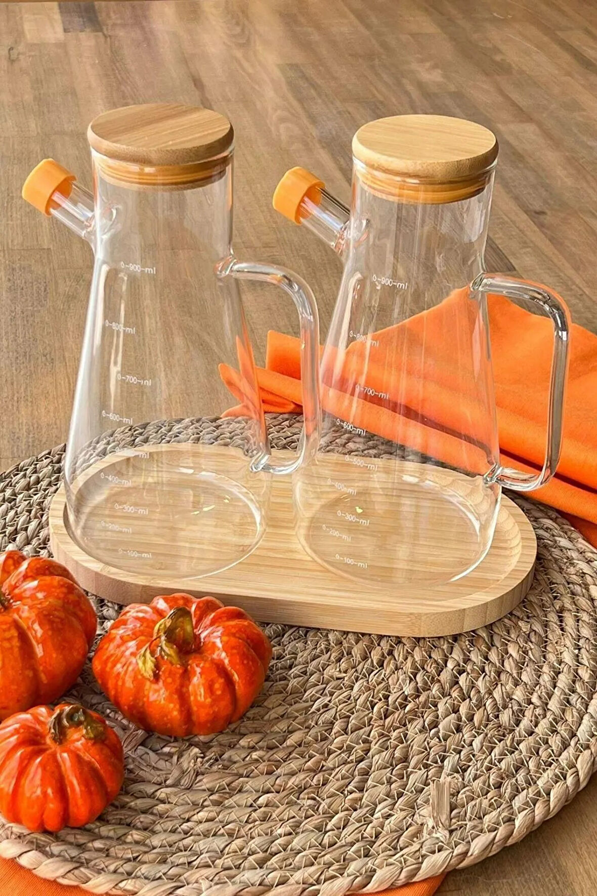 Kapris 2 Adet Bambu Kapaklı Borosilikat Cam Yağlık Sirkelik 900ml 16532
