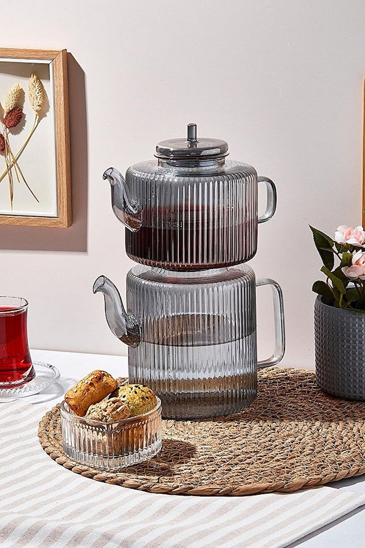 Perotti Tobby Line Füme Çizgili Borosilikat Cam Çaydanlık 1.1L + 1.75L 16802