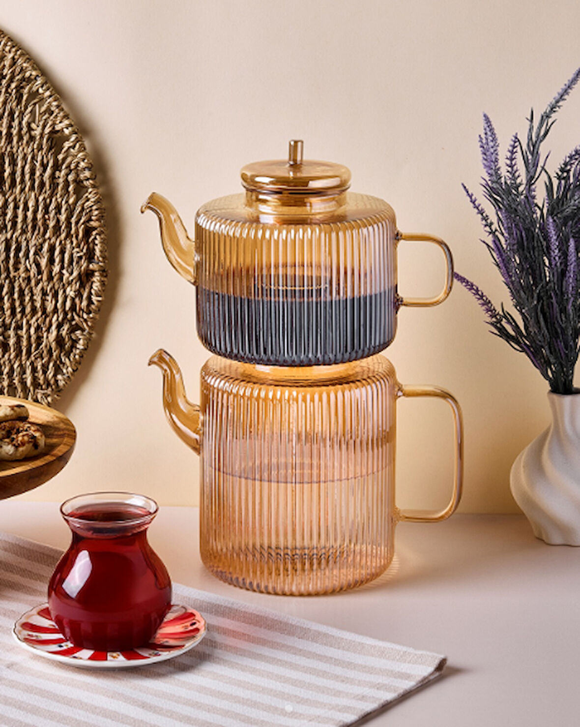 Perotti Tobby Line Amber Çizgili Borosilikat Cam Çaydanlık 1.1L + 1.75L 16803