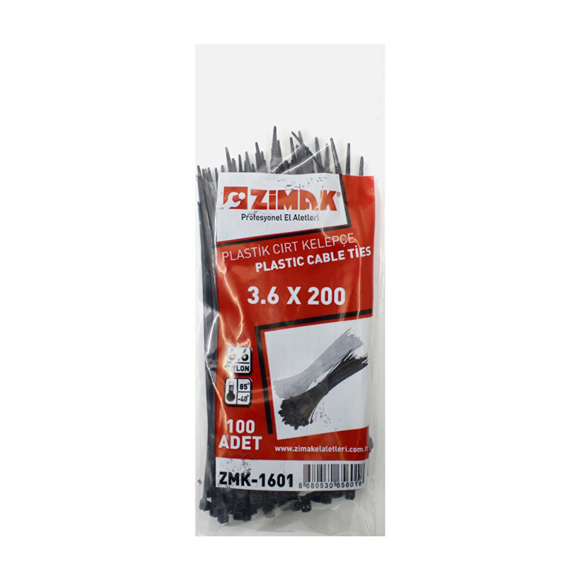 Zimak 3.6x200 mm Plastik Kelepçe Cırt Kelepçe Siyah 100 lü Paket ZMK-1601