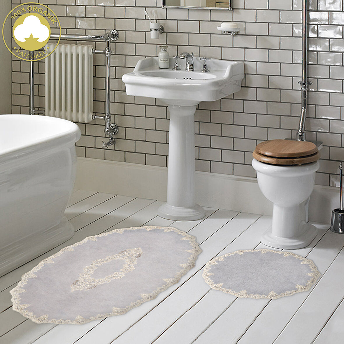 Zümra Lüx Pamuklu Aplikli Oval Banyo Takımı 2 Li Set