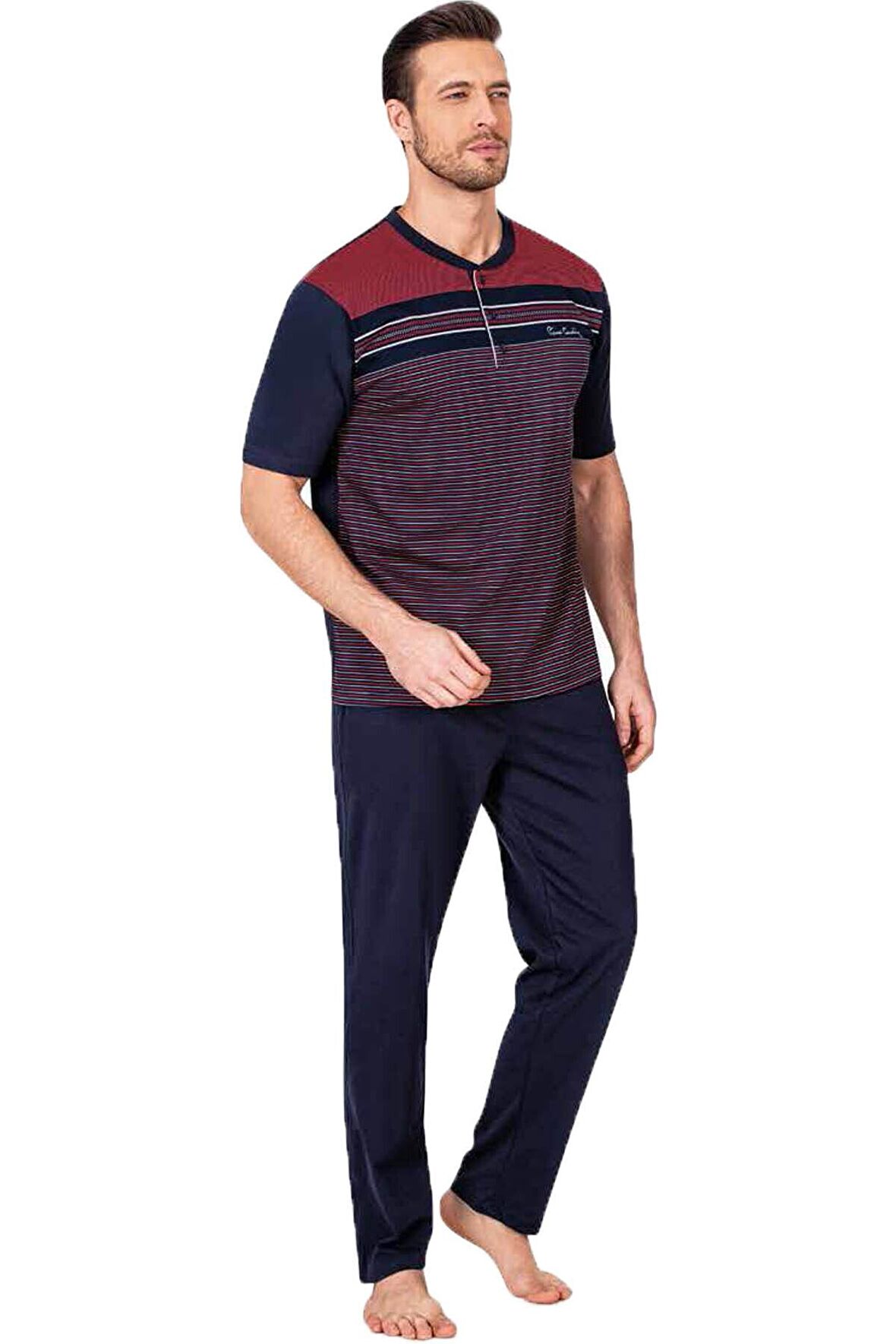 %100 Pamuklu Yakası Düğmeli Jakarlı 3'lü Kısakol Erkek Pijama Takım