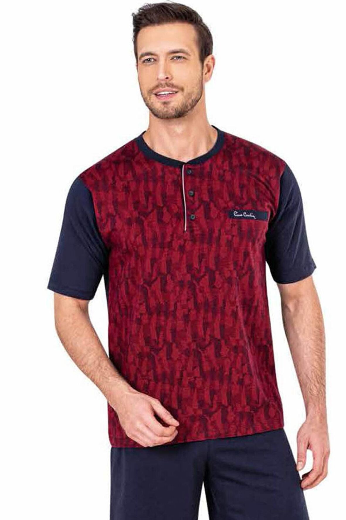 %100 Pamuklu Yakası Cepli Düğmeli Jakarlı 3'lü Kısakol Erkek Pijama Takım