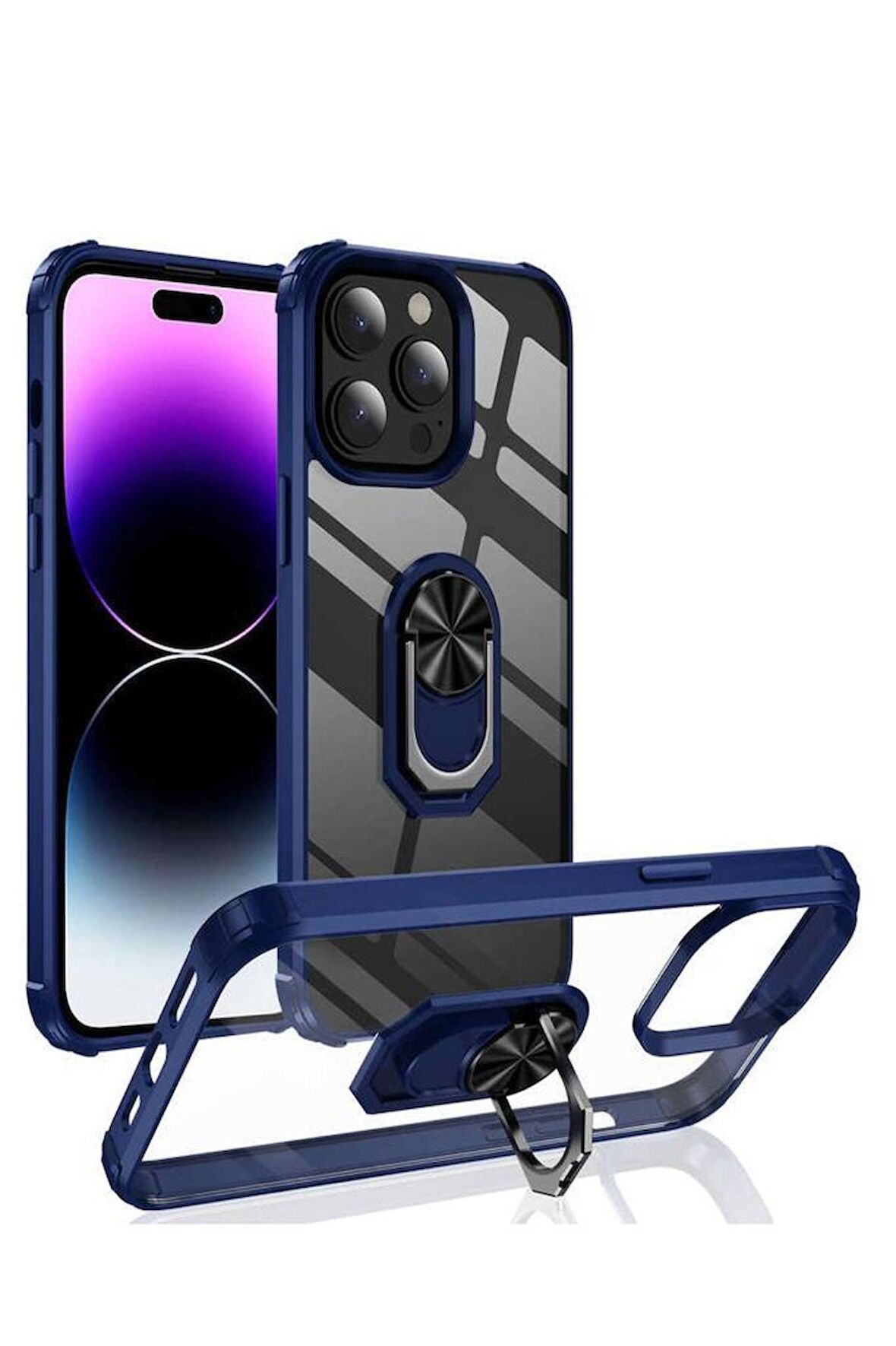 Apple iPhone 14 Pro Kılıf  Şeffaf Kenarları Renkli Manyetik Yüzüklü Zırh Silikon