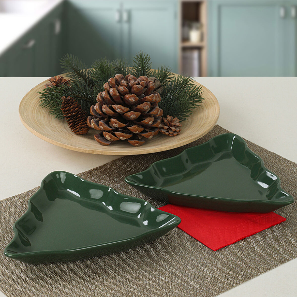 Keramika Yeşil Çam Kayık Tabak 22 Cm 2 Adet