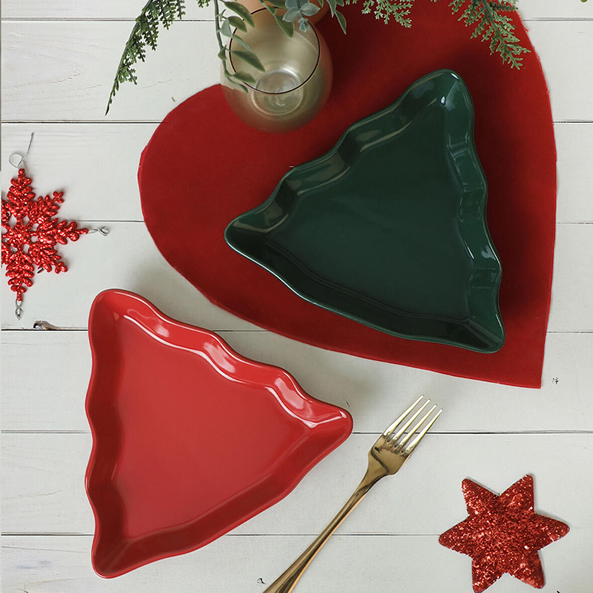 Keramika Yeşil / Kırmızı Çam Kayık Tabak 22 Cm 2 Adet