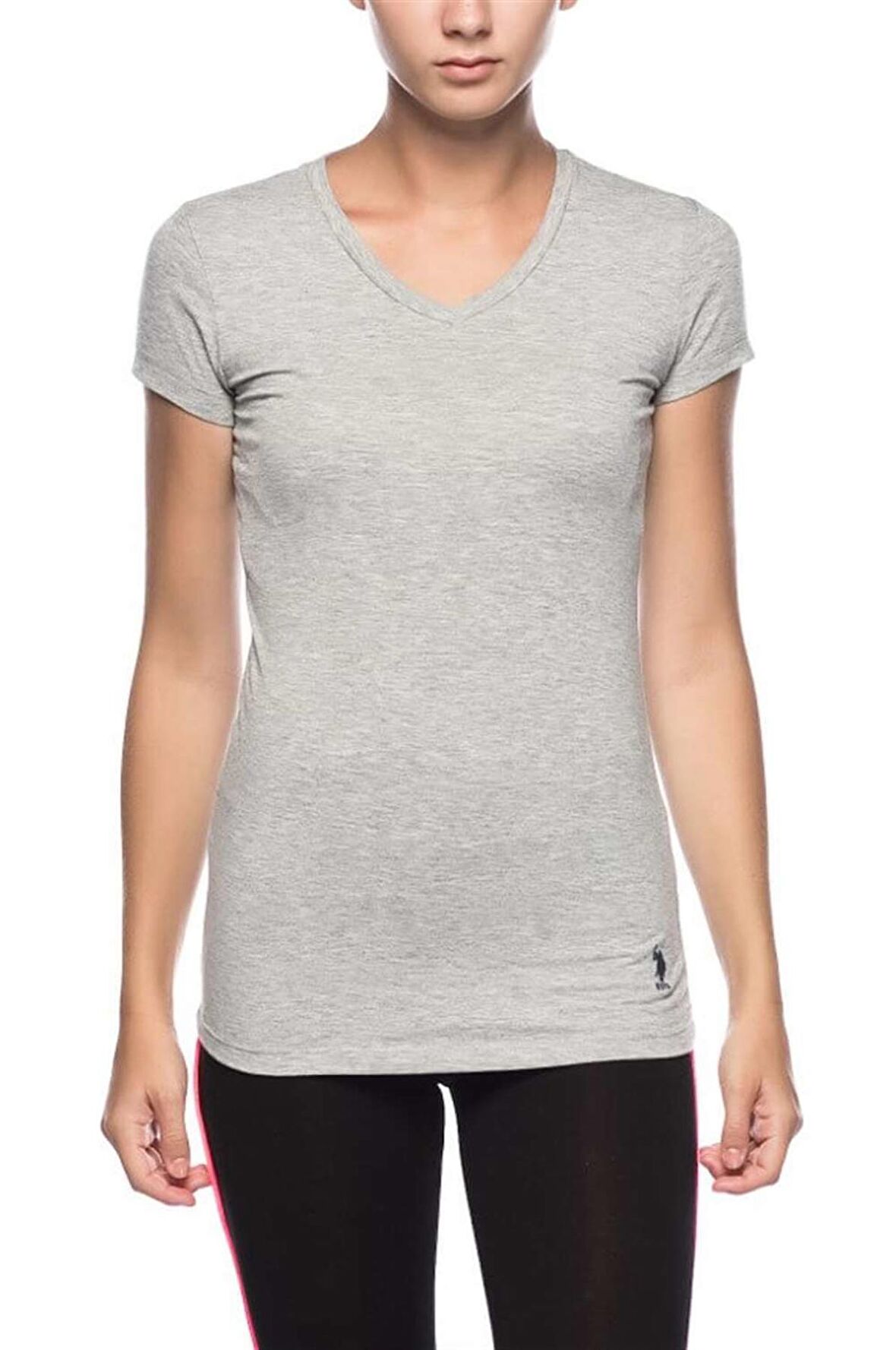 . Kadın Gri Melanj Kısa Kollu V Yaka T-Shirt