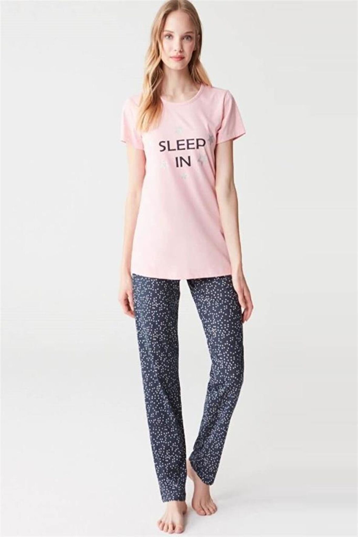 Mod 3287 Pamuklu Sıfır Yaka Kısa Kol Bayan Pijama Takım Pembe-XL