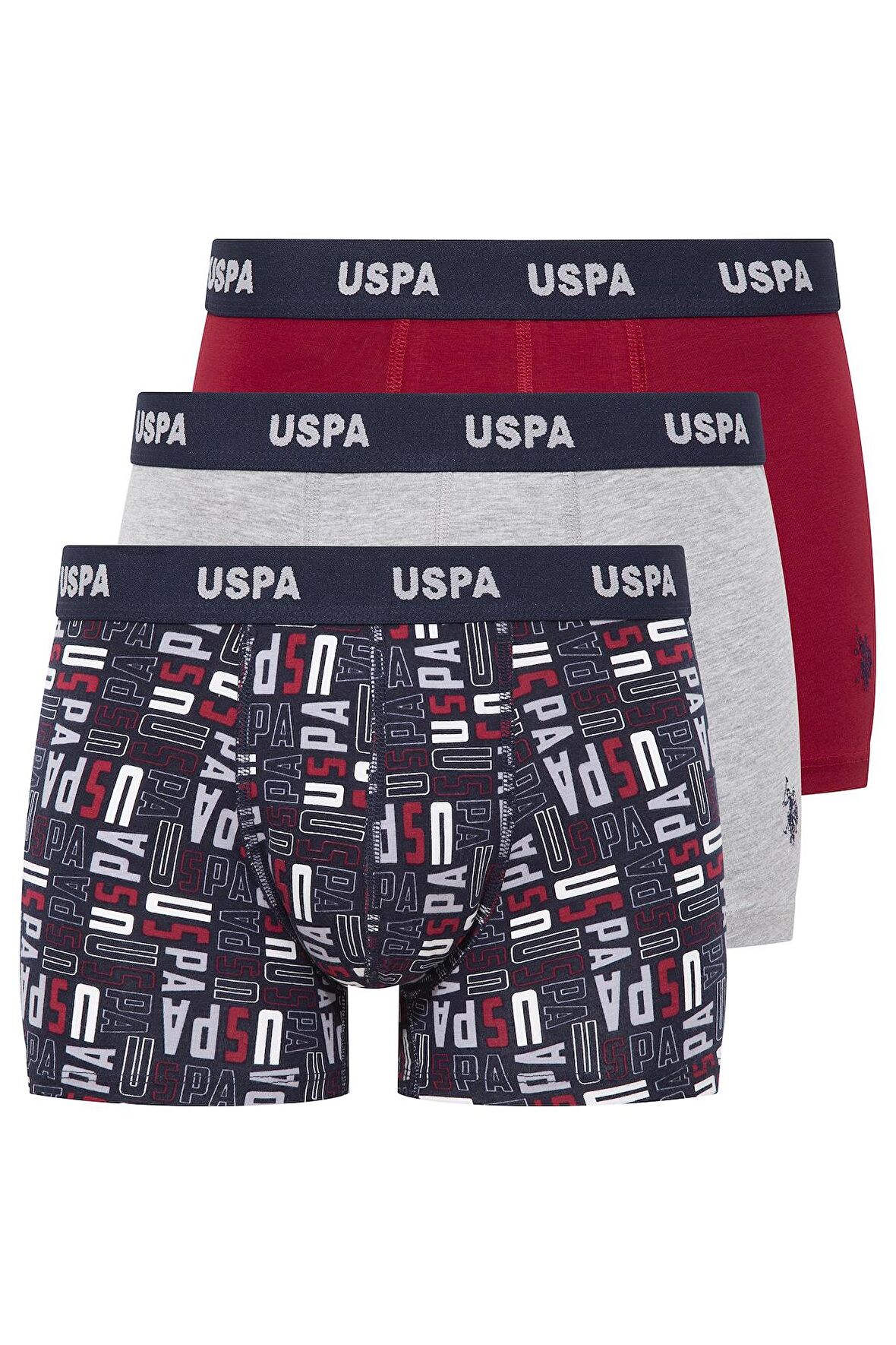 U.S. POLO ASSN. Erkek Gri Melanj-Bordo-Baskılı 3 lü Boxer 