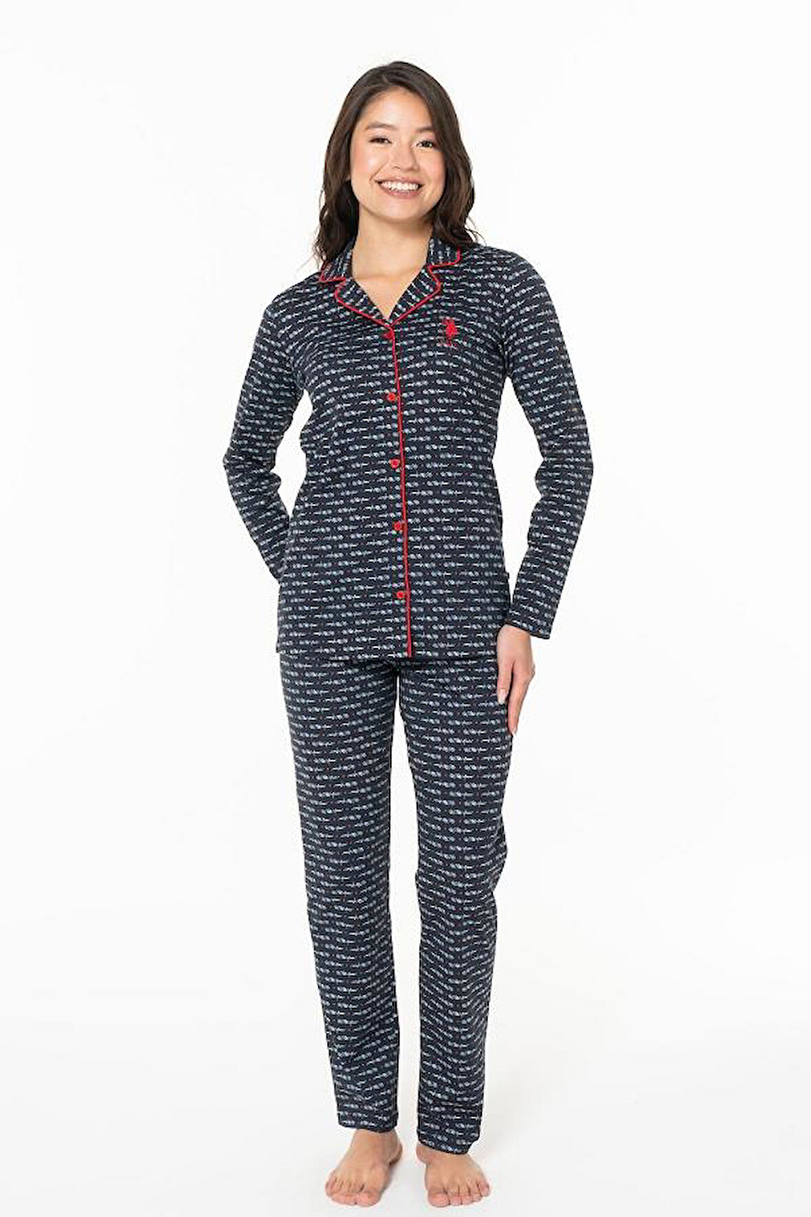 U.S POLO 20144  Kadın UZUNKOL PİJAMA TAKIMI