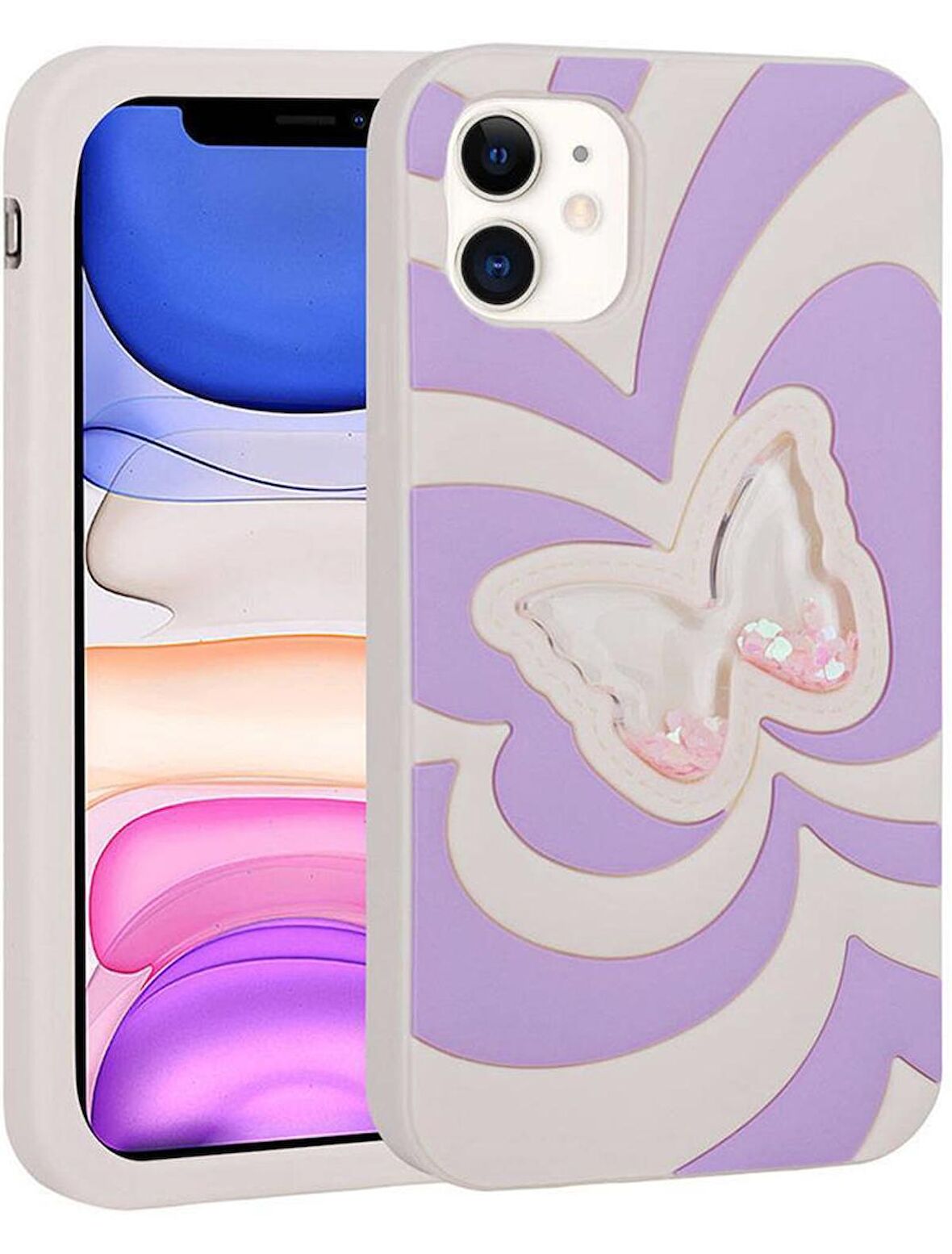 iPhone 11 Kılıf Sıvılı Simli Kelebekli Tasarım Vodena Kapak