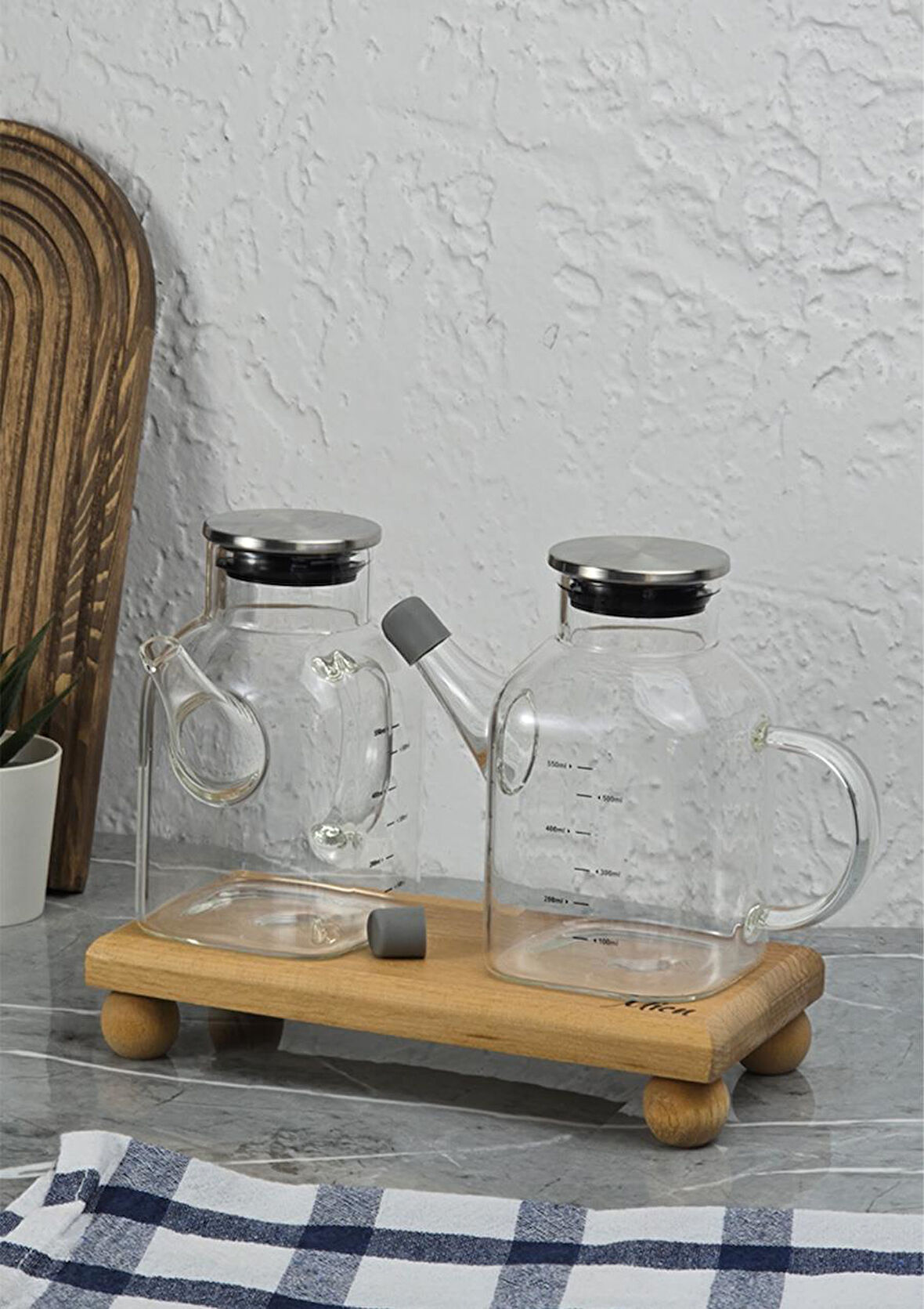 Cam Yağdanlık Seti - Ahşap Stant - 2x550 ML