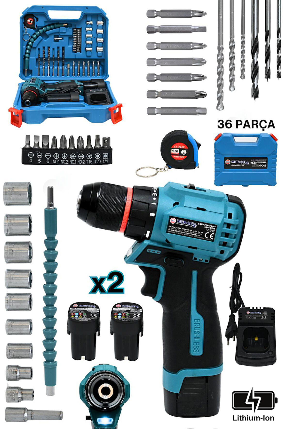 Mur-9013 16,8v Kömürsüz Motor Çelik Mandren 36 Parça Şarjlı Matkap Akülü Vidalama Seti