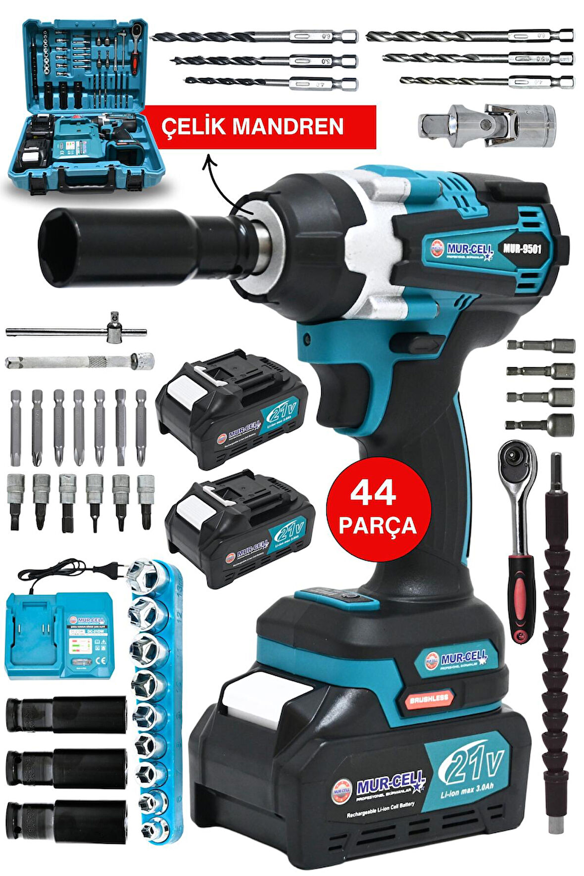 MUR-9501 450nm 21v 3Ah Şarjlı Torklu Somun Sıkma Bijon Sökme Kömürsüz Matkap 43 Parça Setli