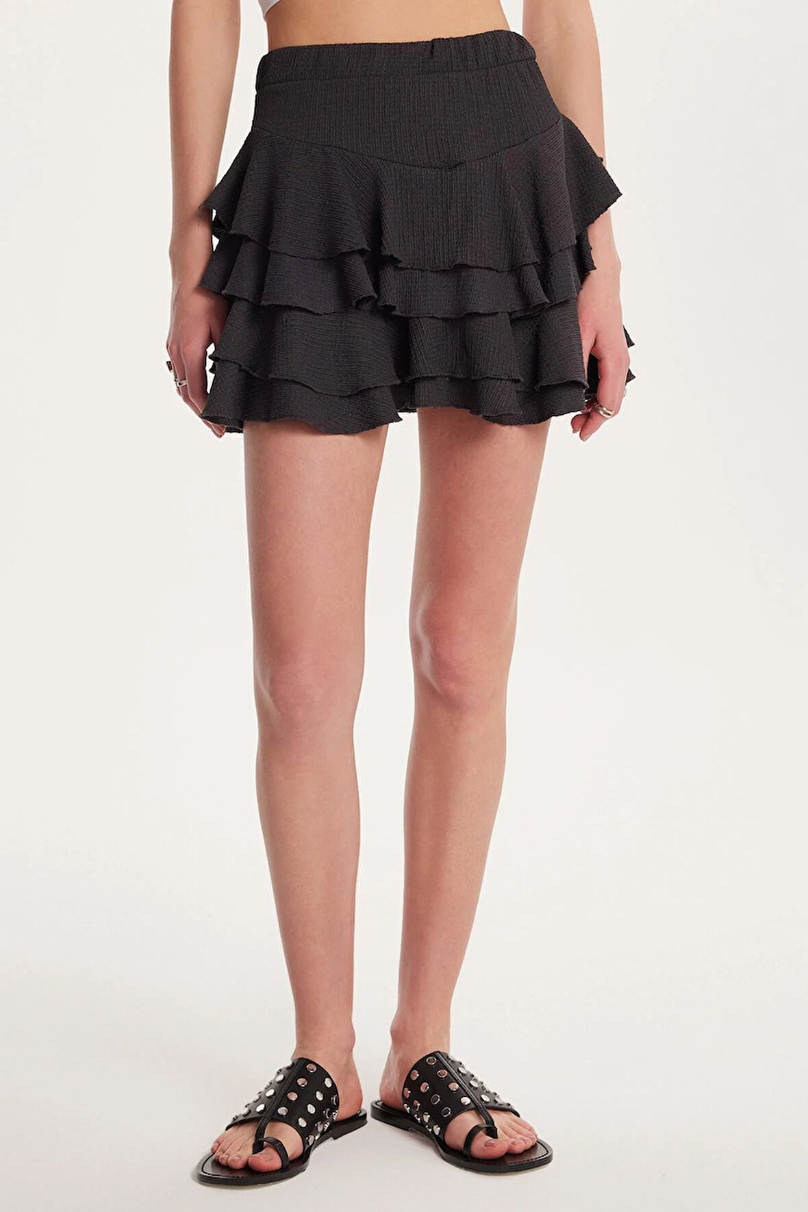 Kadın Relax Fit Rahat Kesim Beli Lastikli Piliseli Antrasit Etek