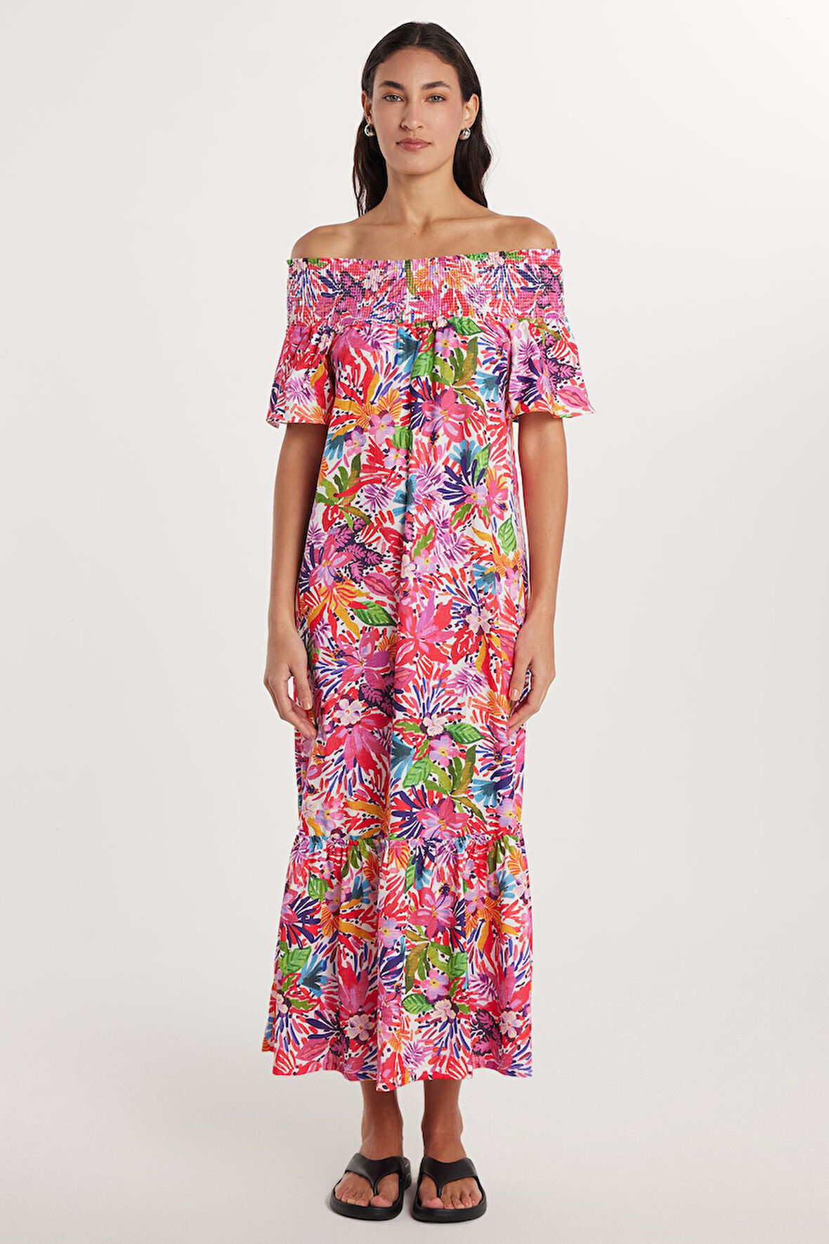 Kadın Slim Fit Dar Kesim Kısa Kollu Gofre Kumaş Straplez Baskılı Elbise