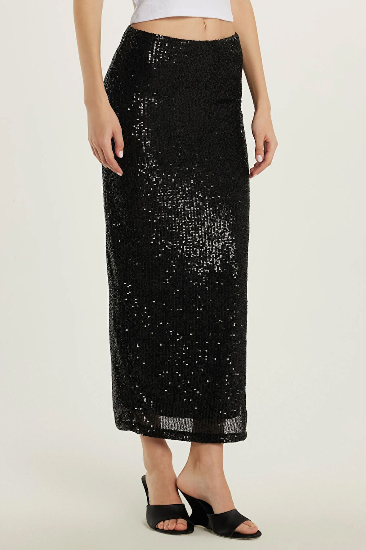 Kadın Slim Fit Simli Uzun Düz Siyah Etek