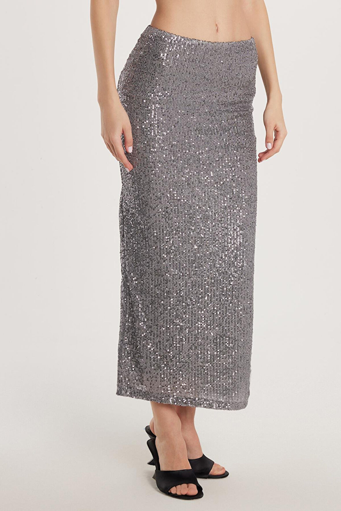Kadın Slim Fit Simli Uzun Düz Gri Etek