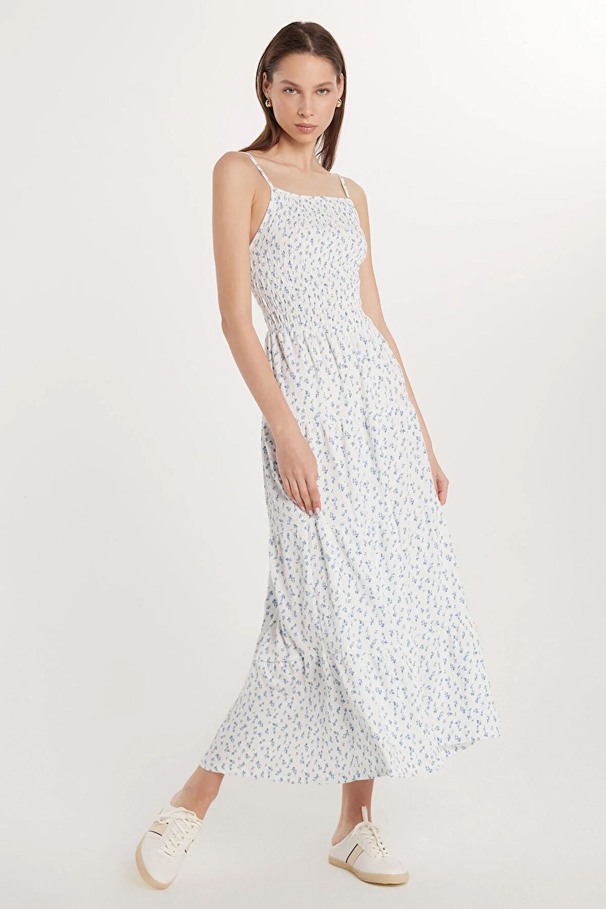 Kadın Slim Fit Dar Kesim İnce Askılı Büzgülü Kare Yaka Elbise