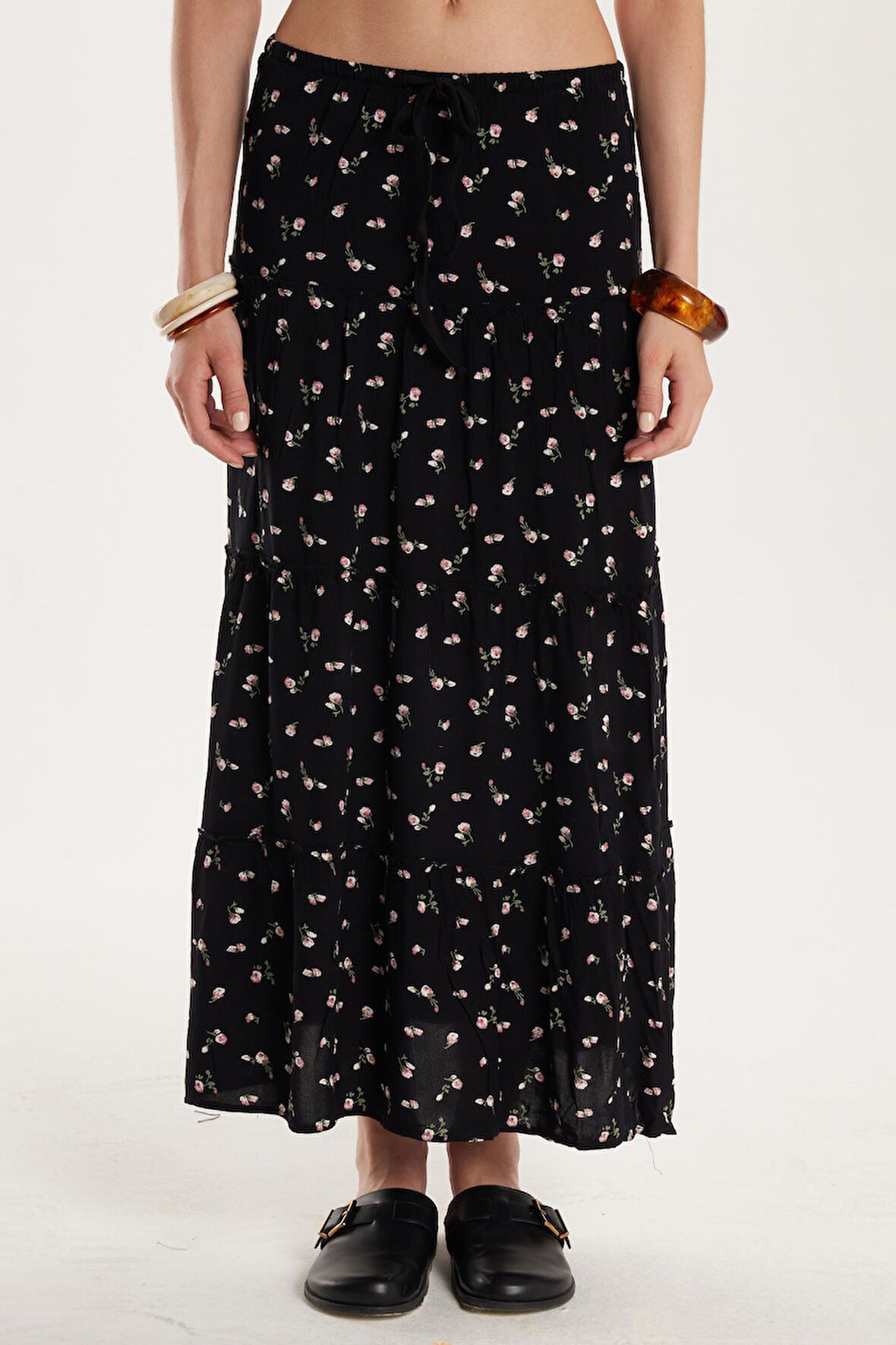 Kadın Standart Fit Bağlamalı Baskılı Viskon Etek