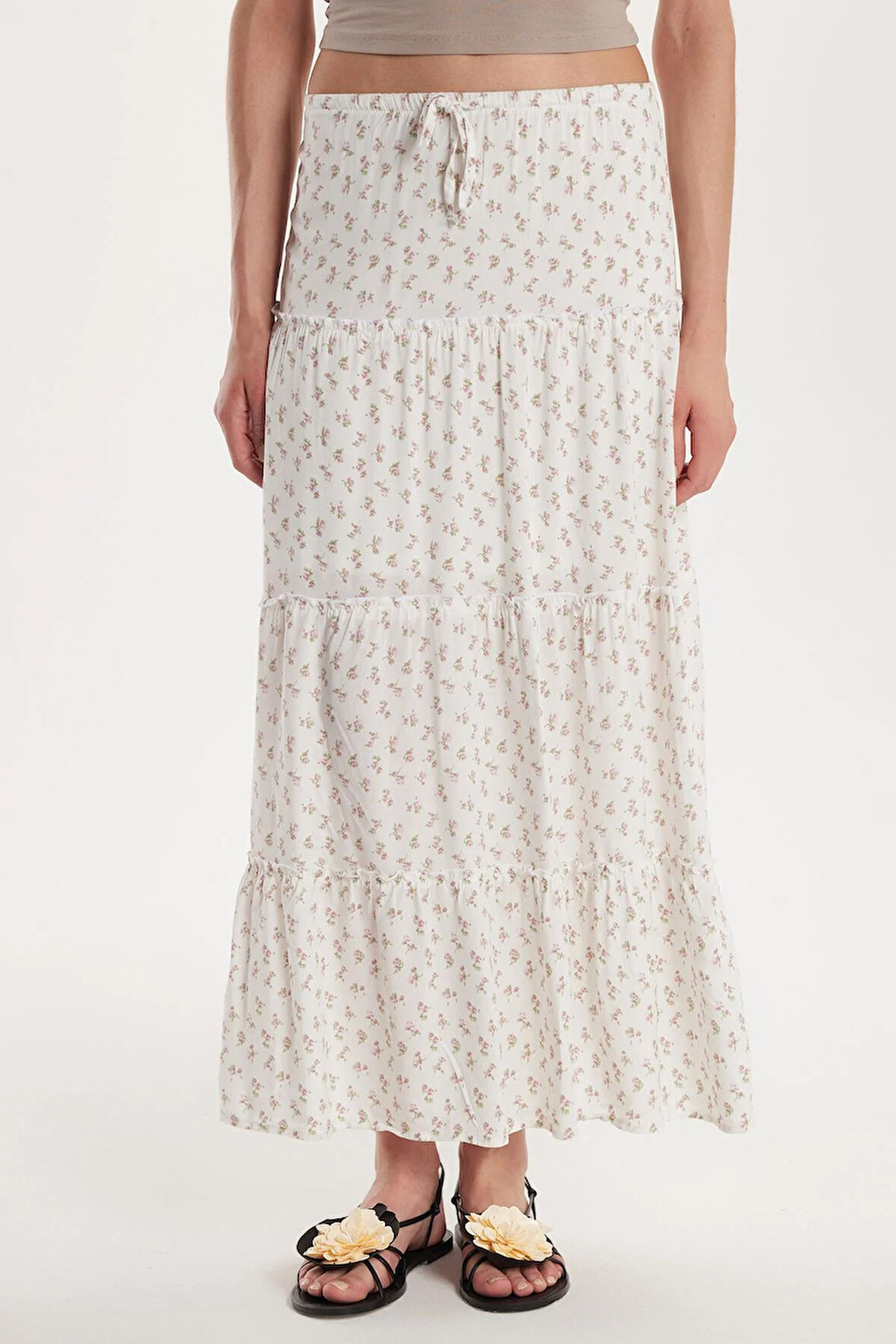 Kadın Standart Fit Bağlamalı Baskılı Viskon Etek