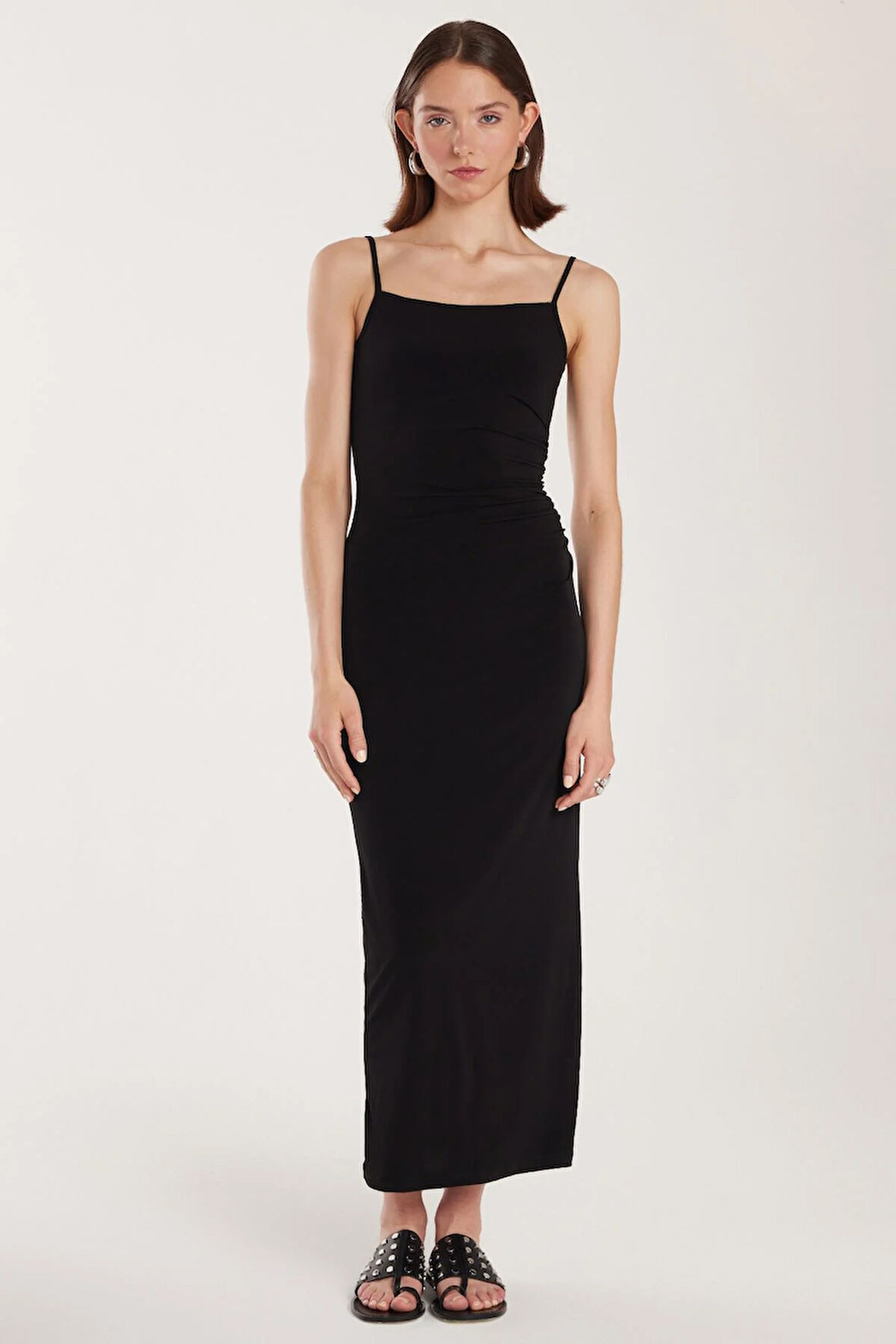 Kadın Slim Fit Dar Kesim Esnek U Yaka Midi Siyah Elbise