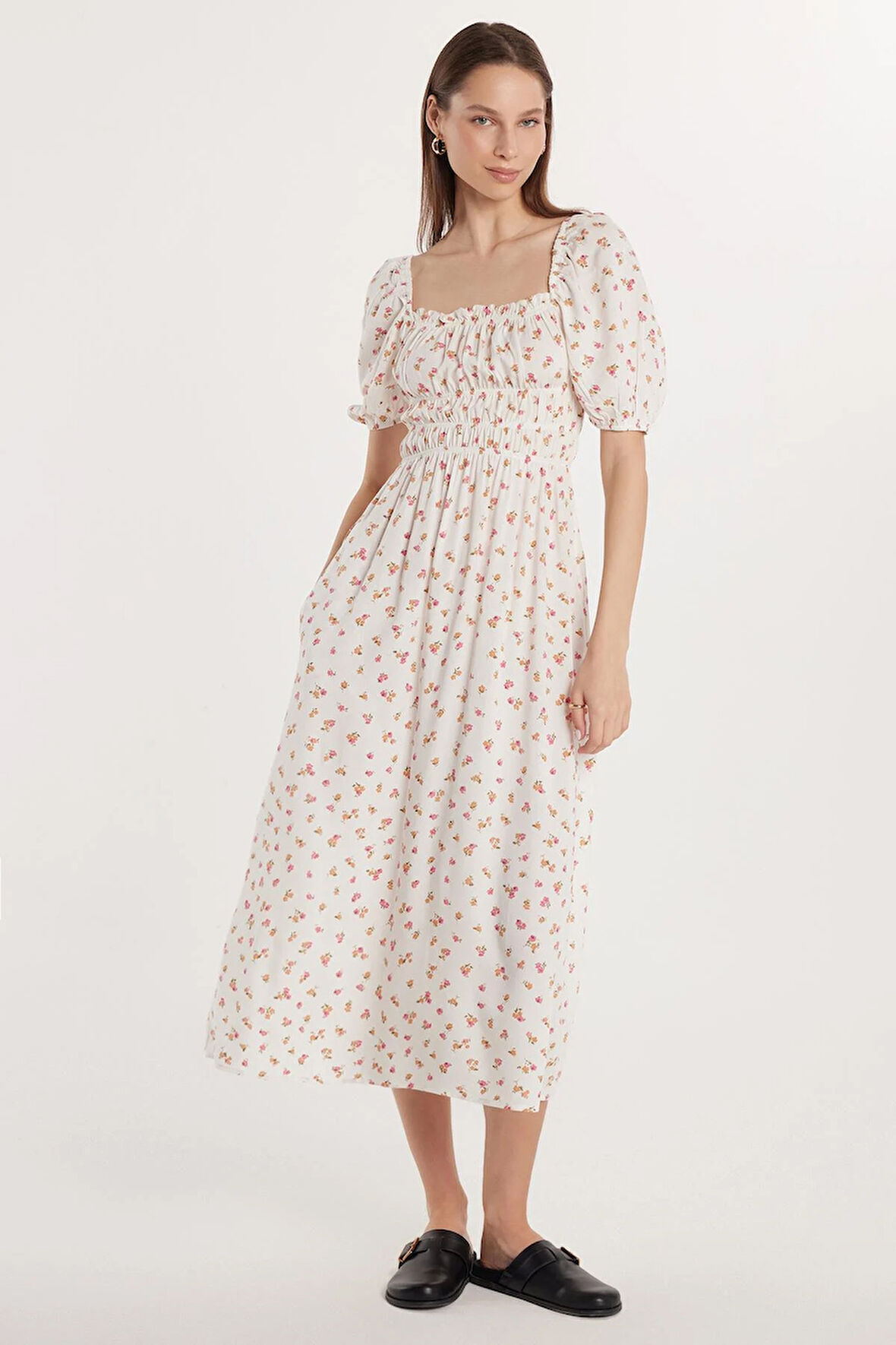 Kadın Relax Fit Rahat Kesim Beli Lastikli Balon Kol U Yaka Baskılı Elbise