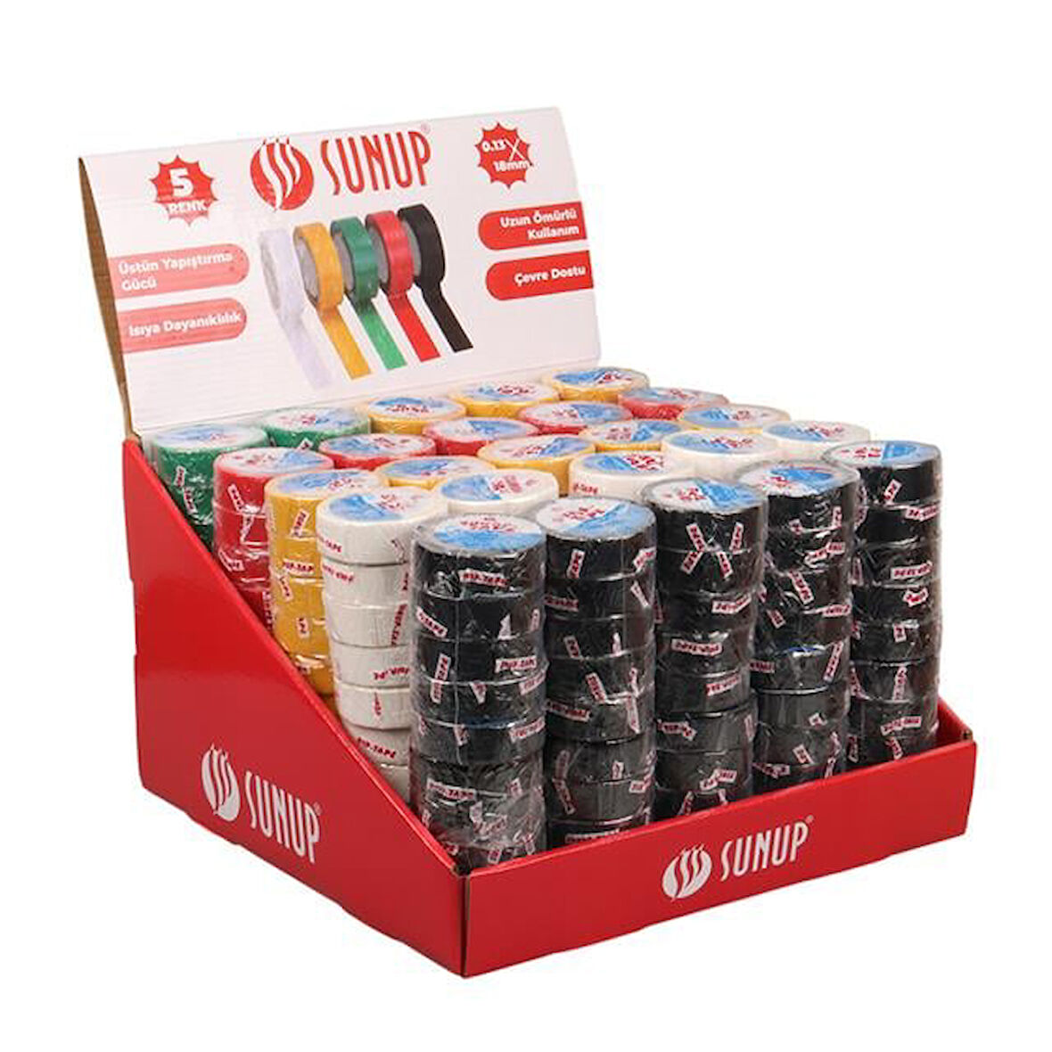 Sunup SN-27919 0.13X18mm 5 Renk İzole Elektrikçi Bant 10 Metre 50X5'li Paket (Kırmızı- Sarı - Siyah - Yeşil - Beyaz)