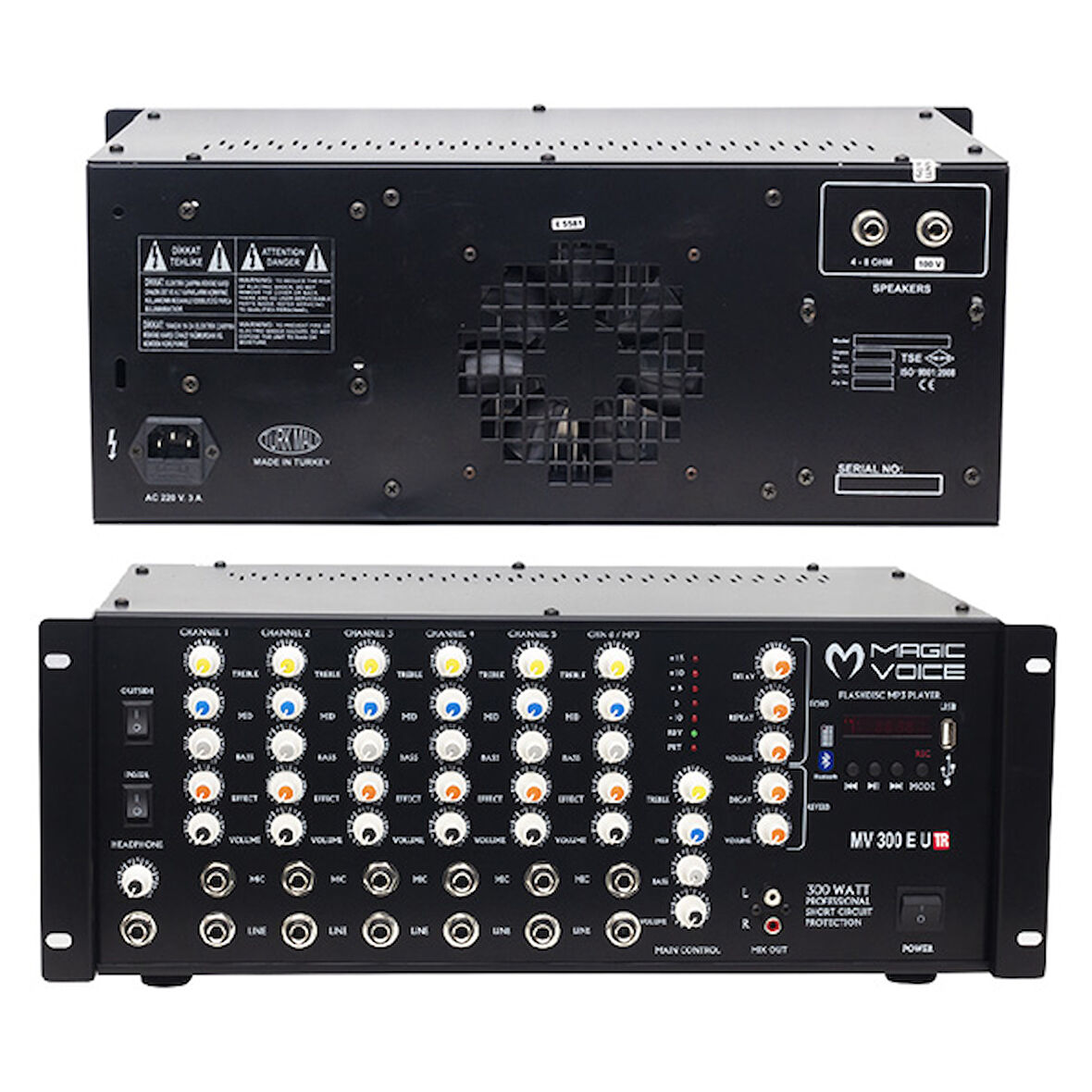 MagicVoice MV-300EF-TR 300 Watt 6 Mikrofon Girişli USB-Bluetooth Destekli Trafolu Mixer Anfi