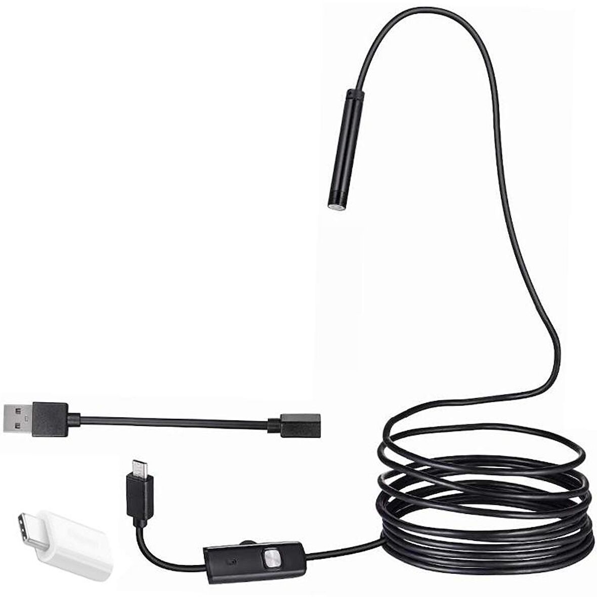 Powermaster 6026 3 in 1 Micro Usb+Type-C+Pc 7 mm Işıklı 5 Metre Endoskop Yılan Kamera Android Uyumlu