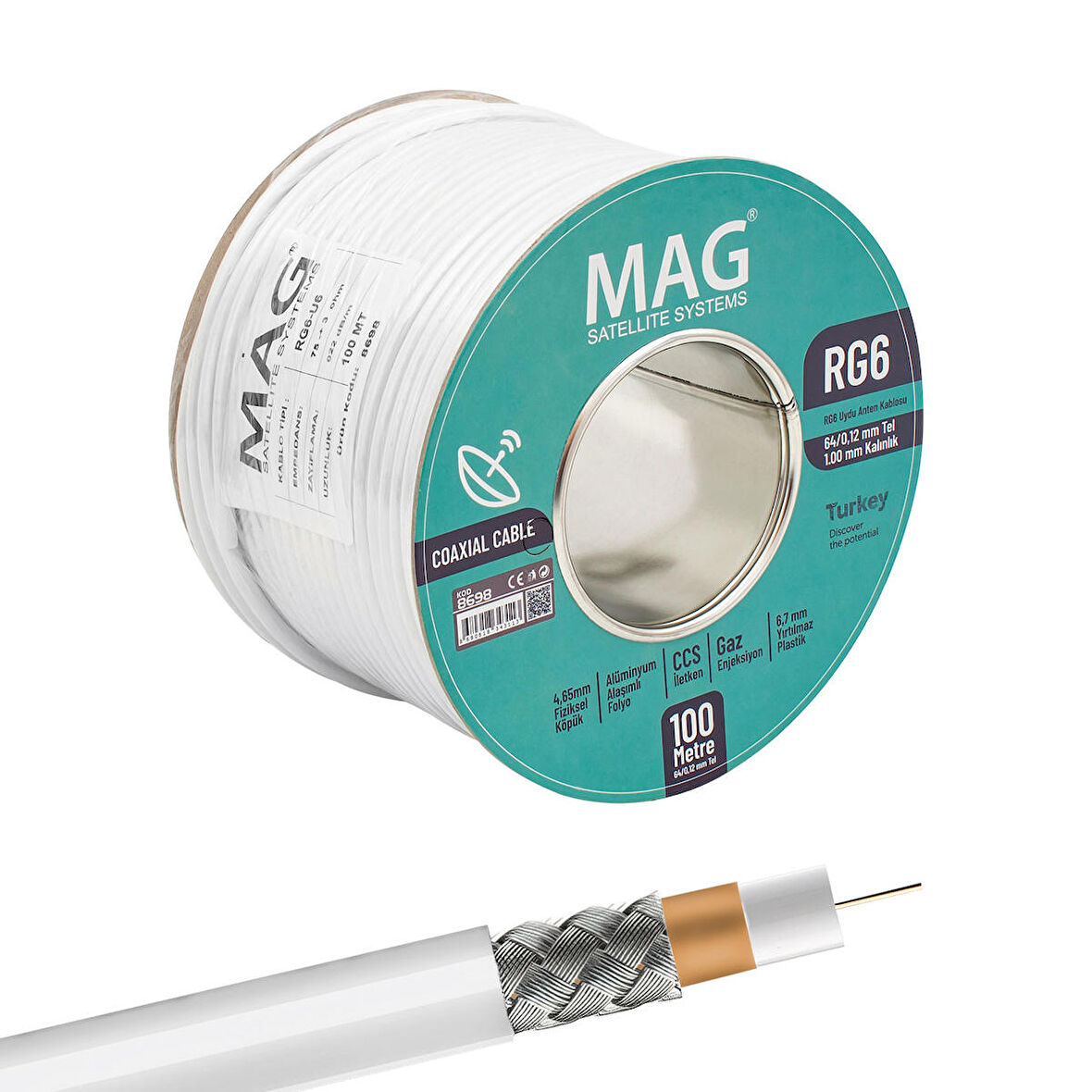 MAG RG6/U6 1.00 MM 64*0.12 TEL CCS MAKARALI YERLİ ÜRETİM ANTEN KABLOSU  (100 METRE)