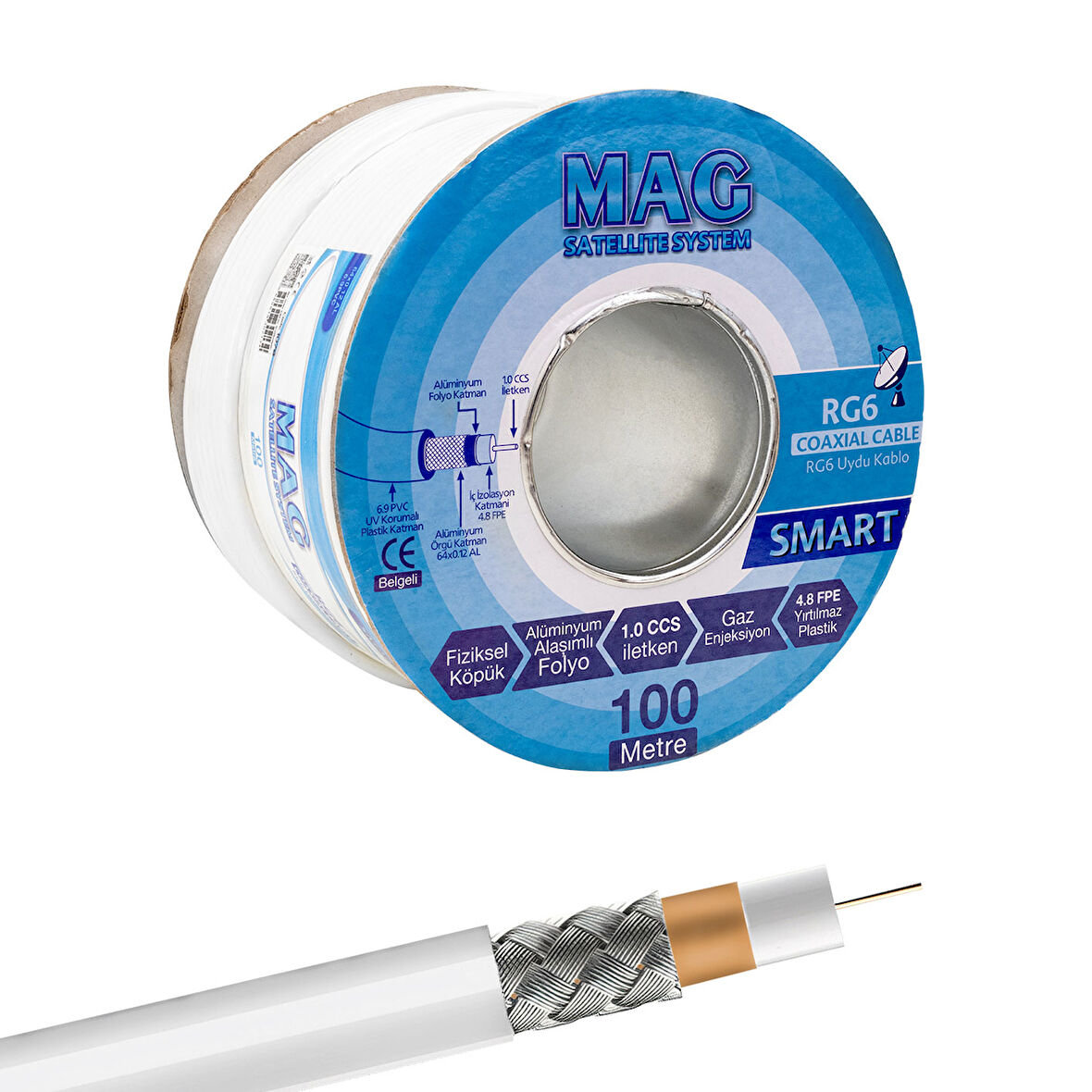 Ayt Mag RG6 U4 64 Tel Smart Anten Kablosu Çanak Anten Uydu Cihazı Lnb Arası Kablo 100 Metre