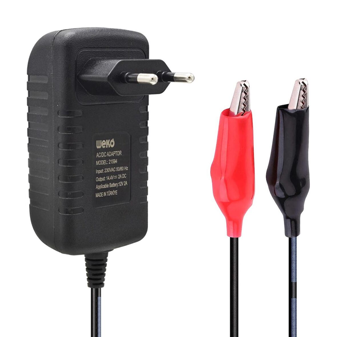 WEKO 14.4 VOLT - 2 AMPER KROKODİL UÇLU KIRMIZI YEŞİL LEDLİ YERLİ ÜRETİM AKÜ ŞARJ CİHAZI (OUT :12V-2A)