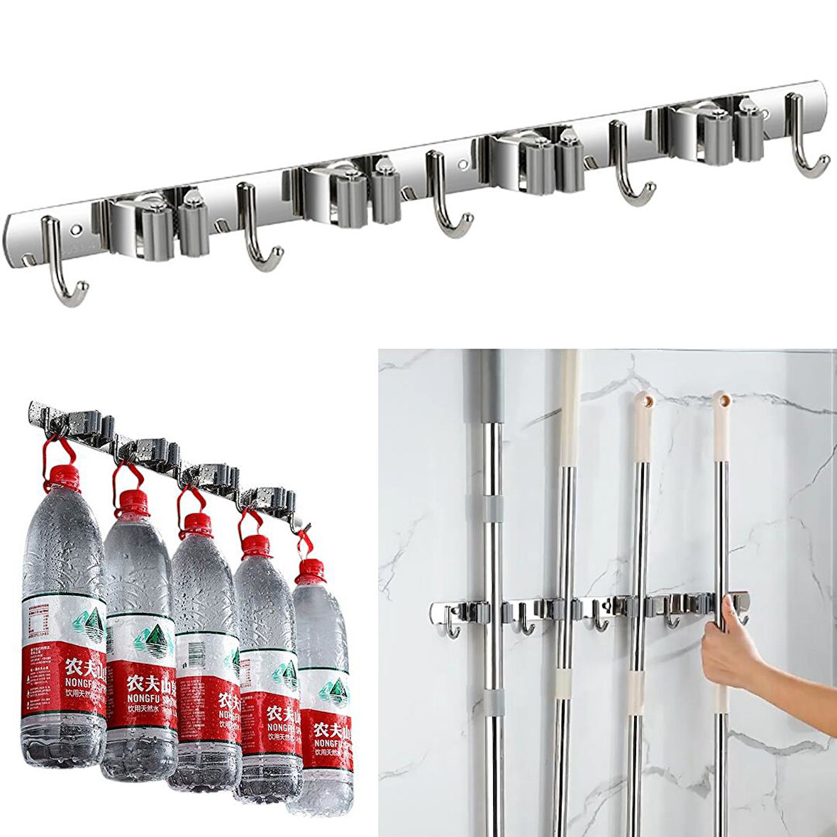 Ayt Sunup SN-26351 Beş Kancalı Dört Klipsli Paspas Süpürge Tutucu Askılık Temizlik Malzemeleri Düzenleyici Toparlayıcı