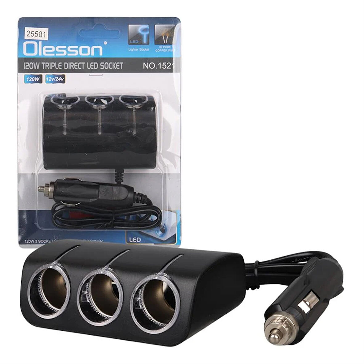 Olesson 1521 12-24V 120 Watt 3'LÜ Araç Çakmak Çoklayıcı