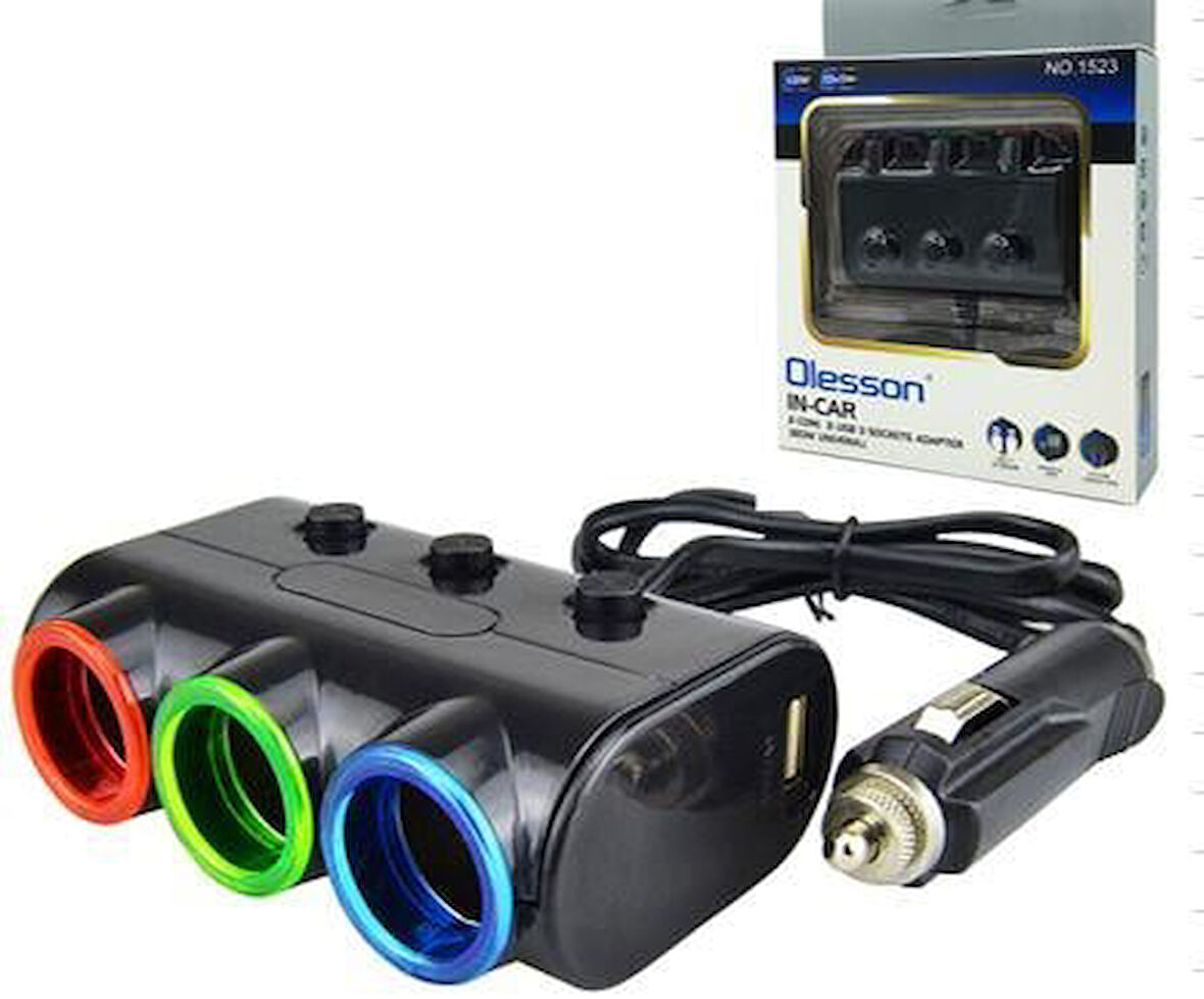 Olesson 1523 12-24V Çift Usb Girişli 120W 80cm Kablolu 3 Lü Araç Çakmak Çoklayıcı Çakmaklık Çoğaltıcı