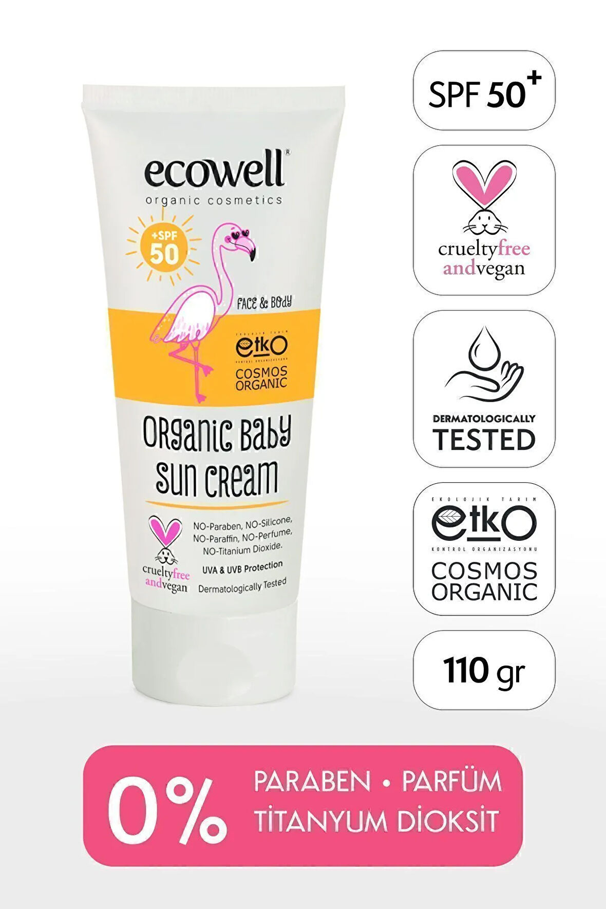 Ecowell Organik Bebek Güneş Kremi Spf 50, Vegan Sertifikalı, Mineral Filtre, Uva & Uvb Yüksek Koruma 110gr