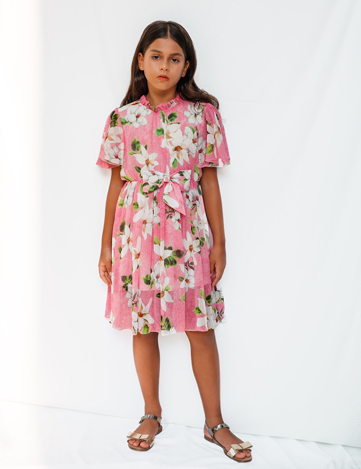 Pembe Çiçek Desenli Şifon Kız Çocuk Elbise