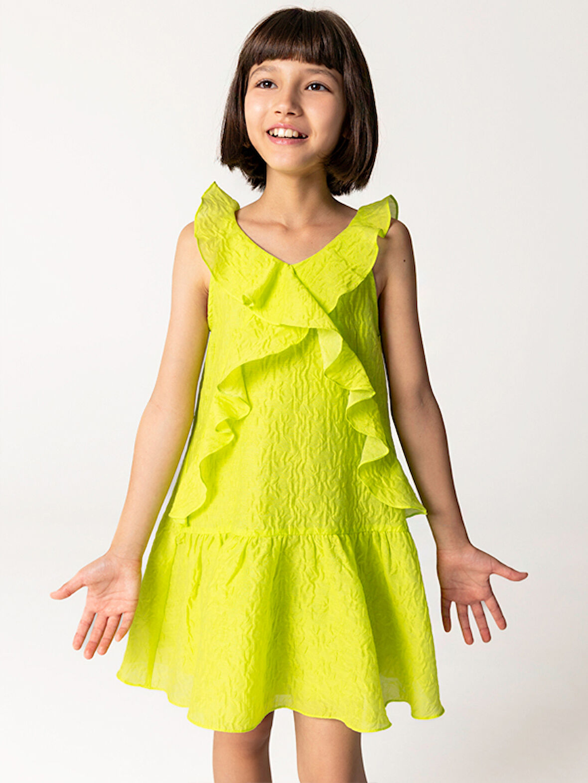 Neon Yeşil Kolsuz Fırfırlı Kız Çocuk Elbise