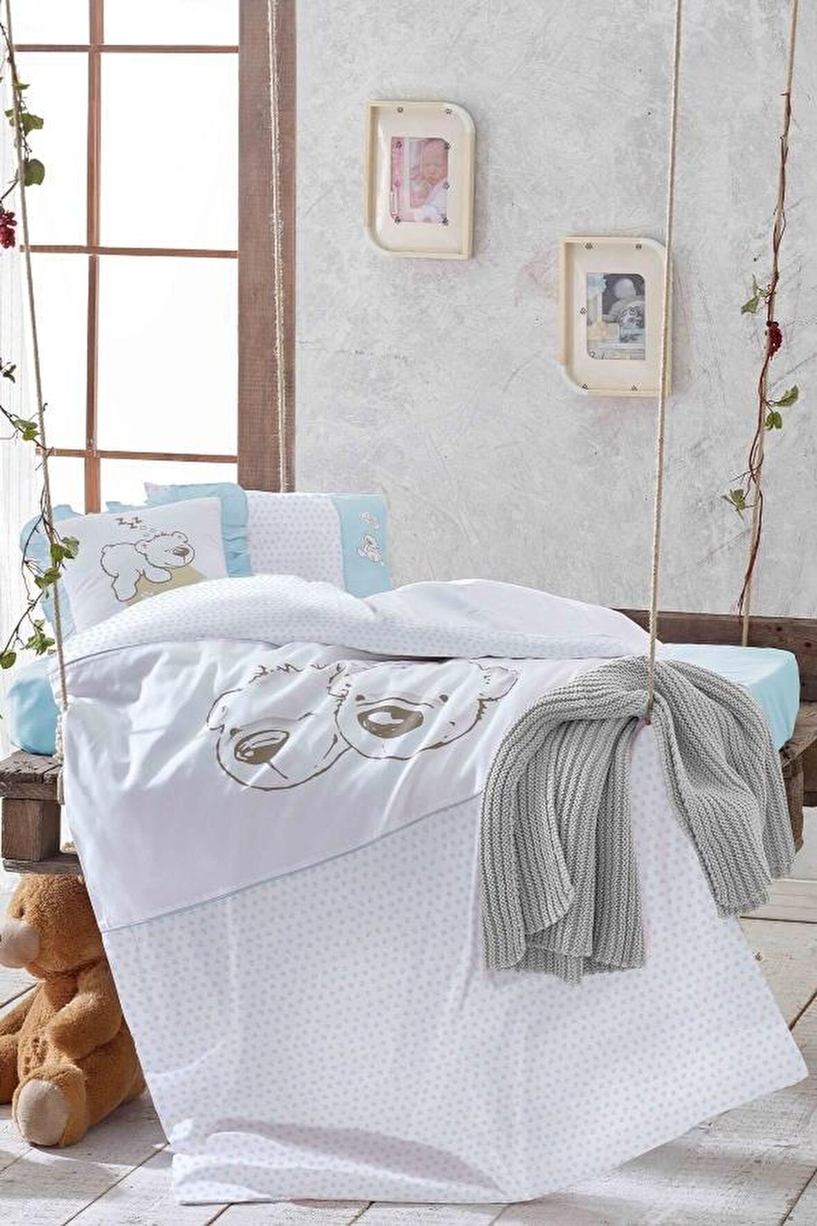 Ecocotton Twin Bears Erkek Bebek Nevresim Takımı %100 Organik Pamuk Saten Baskılı Mavi 100x150 Cm