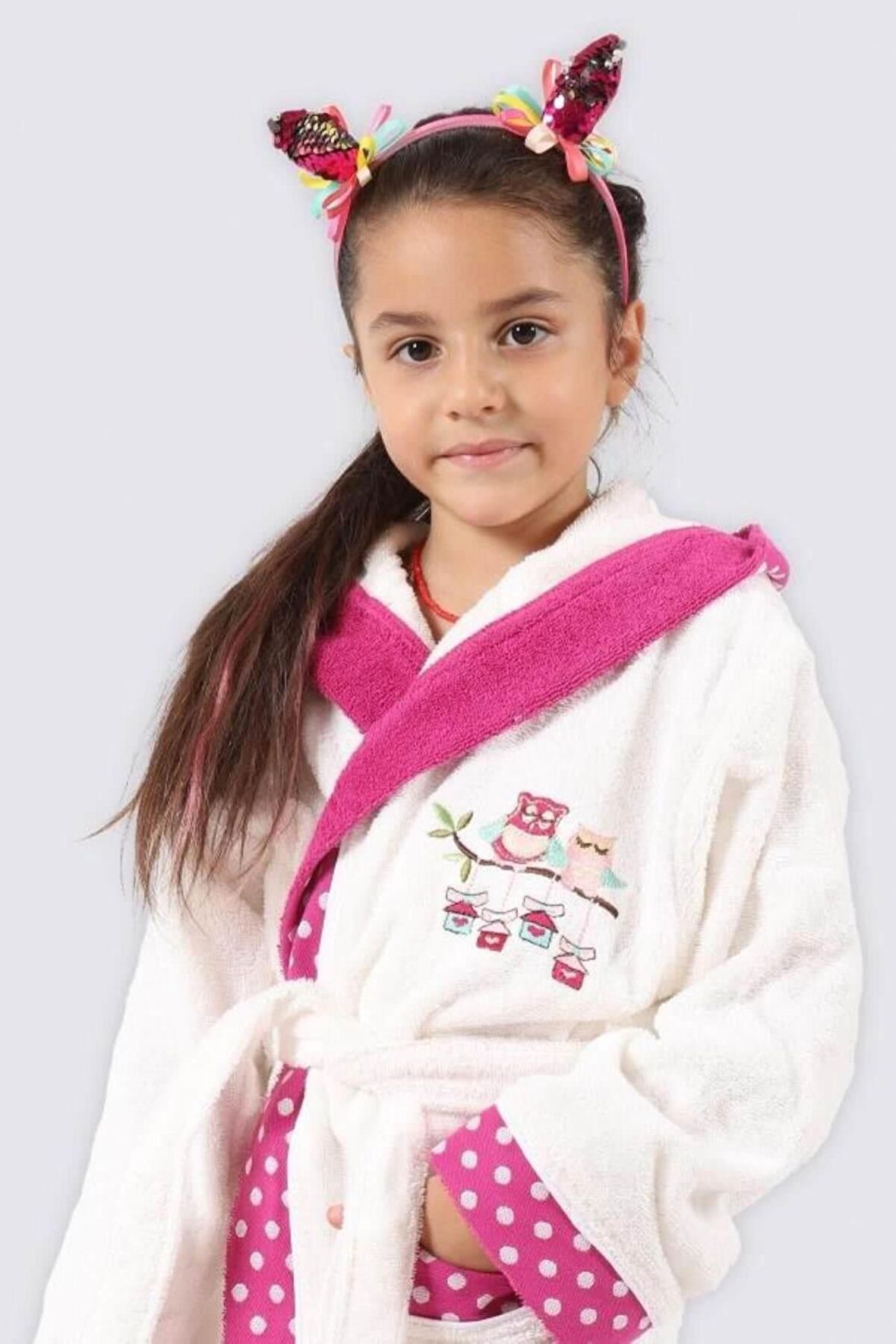 Ecocotton Little Bird Kız Çocuk Bornozu Krem Fuşya 7-8 Yaş